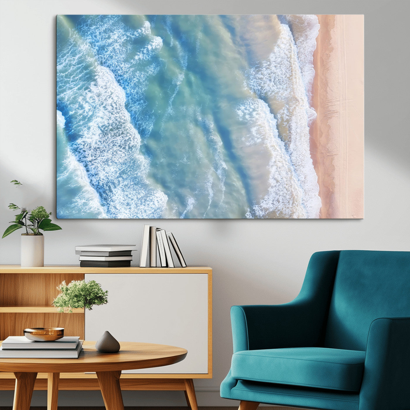 MGV-CV-36X24 - Aerial Ocean View Wall Art Canvas Print, Framed Soft Blue Waves Art Picture Print, Sandy Shoreline Perfect Modern Coastal Decor Artwork