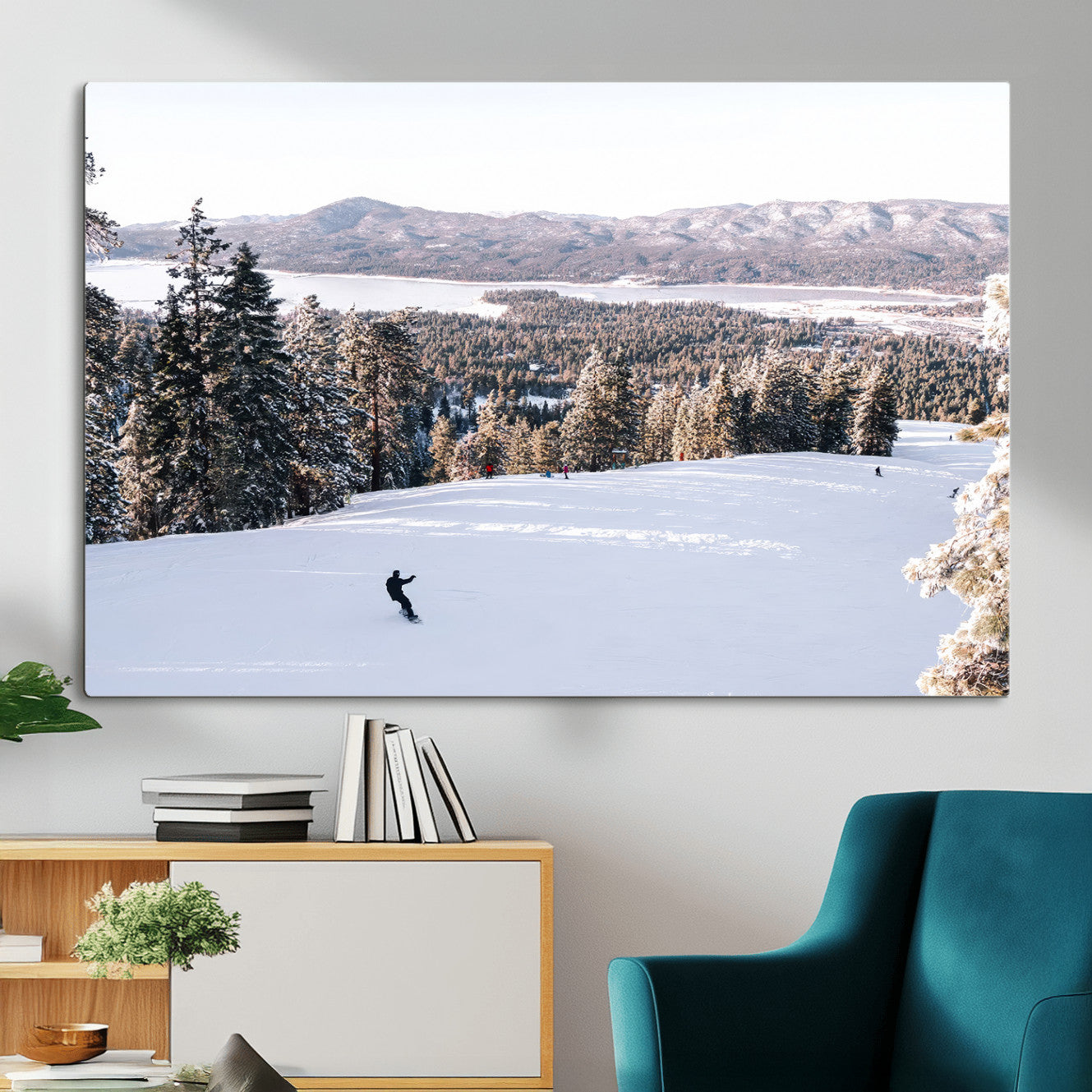 79857868-MGV-CV-36X24 - Snowboarder Wall Art – Winter Slope Canvas Print, Pine Forest, Snow-Covered Mountains, Outdoor Adventure for Living Room or Cabin Decor