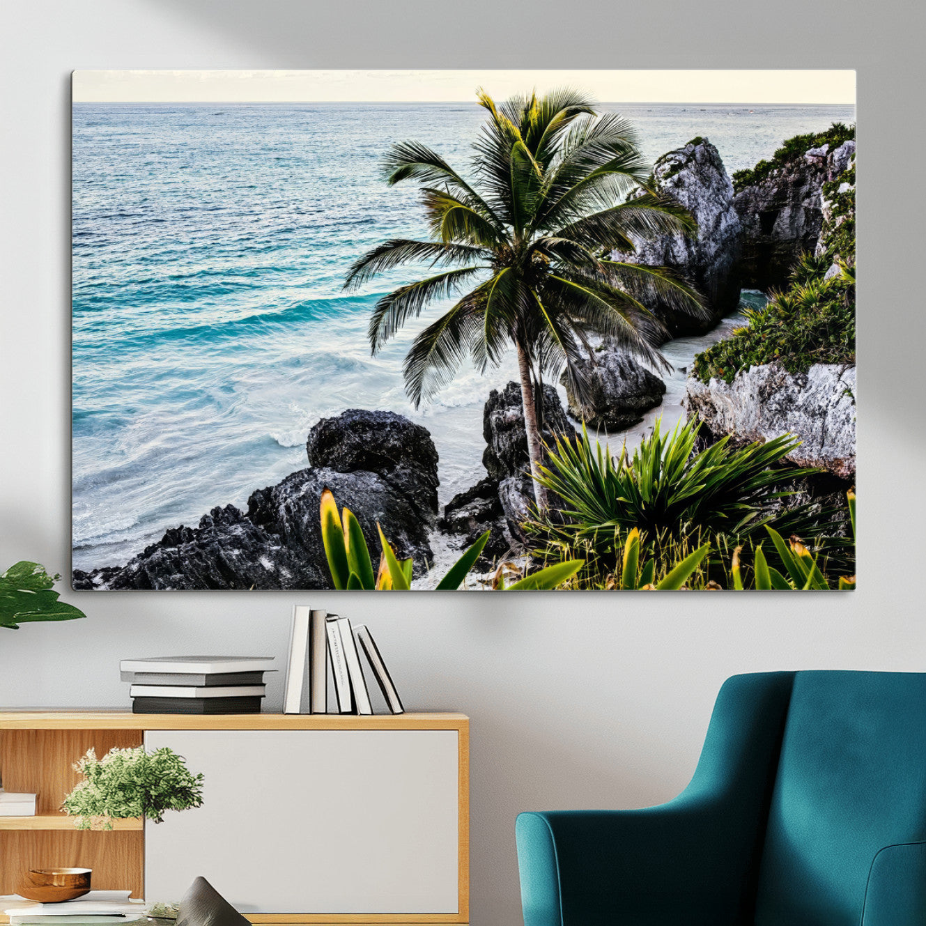 94669907-MGV-CV-36X24 - Tropical Palm Wall Art – Coastal Rocks Canvas Print, Ocean Breeze, Sandy Shore, Vibrant Green Foliage for Living Room or Beach House Decor