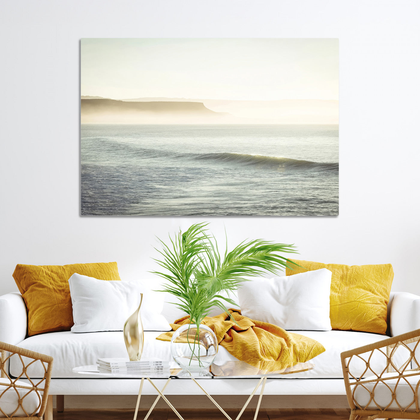 39310633-MGV-CV-36X24-Coastal Cliffs Wall Art Canvas Print, Framed Misty Ocean Art Picture Print, Soft Morning Perfect Minimalistic Decor, Framed Misty Ocean,