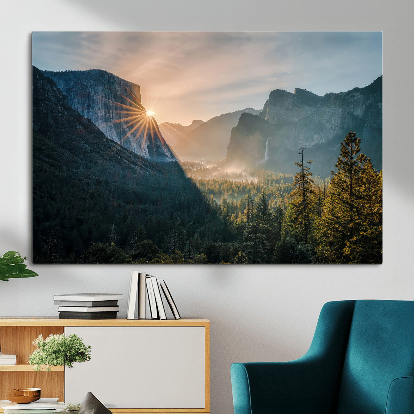 51605481-MGV-CV-36X24 - Yosemite Valley Wall Art – Misty Forest Peaks Canvas Print, Radiant Light, Tranquil Nature Landscape for Living Room or Cabin Decor