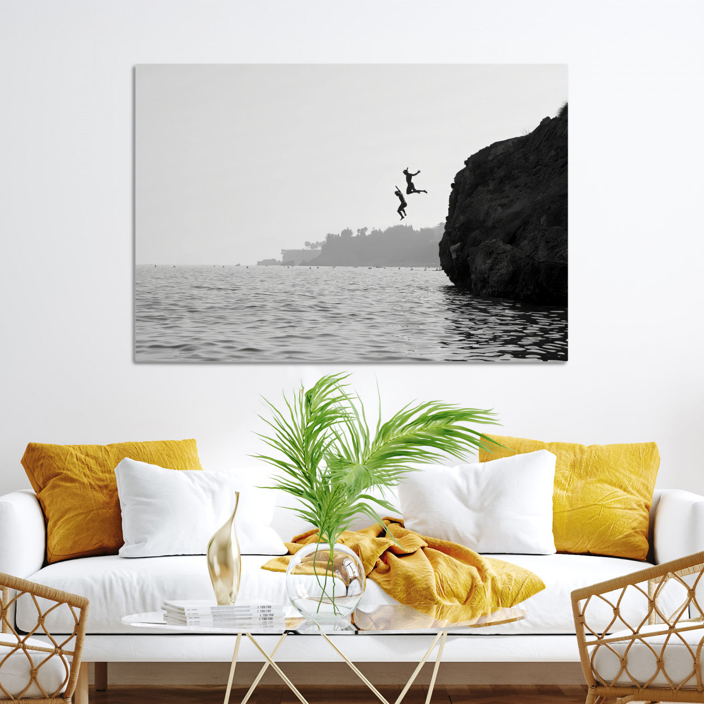 52284302-MGV-CV-36X24-Jumping Wall Art Canvas Print, Framed Ocean Art Picture Print, Coastal Perfect Coastal Decor, Framed Cliff Diving Wall Art