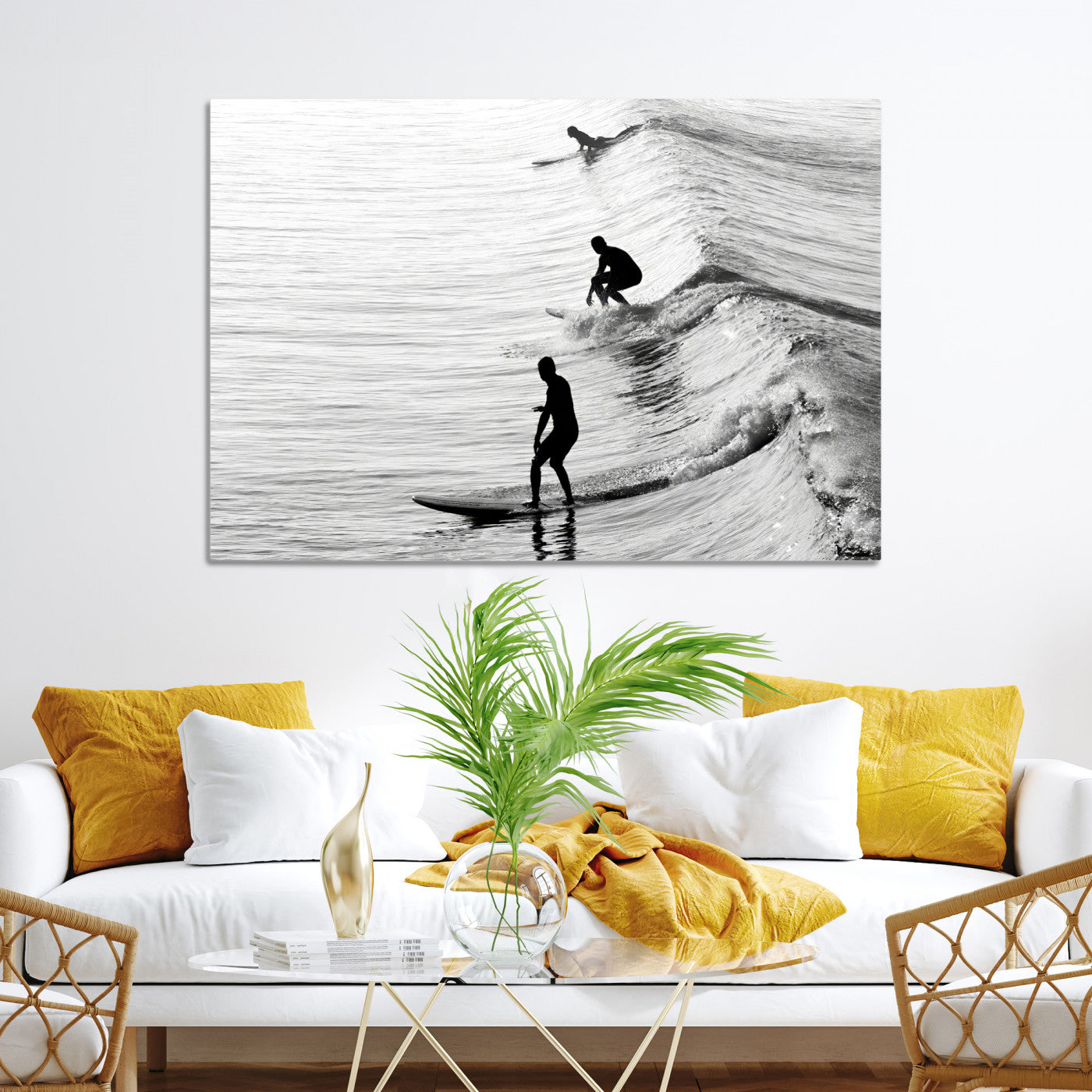 19875284-MGV-CV-36X24-Surfers on Waves Wall Art Canvas Print, Framed Black White Surf Art Picture Print, Monochrome Ocean Perfect Modern Coastal Decor, Surfers on
