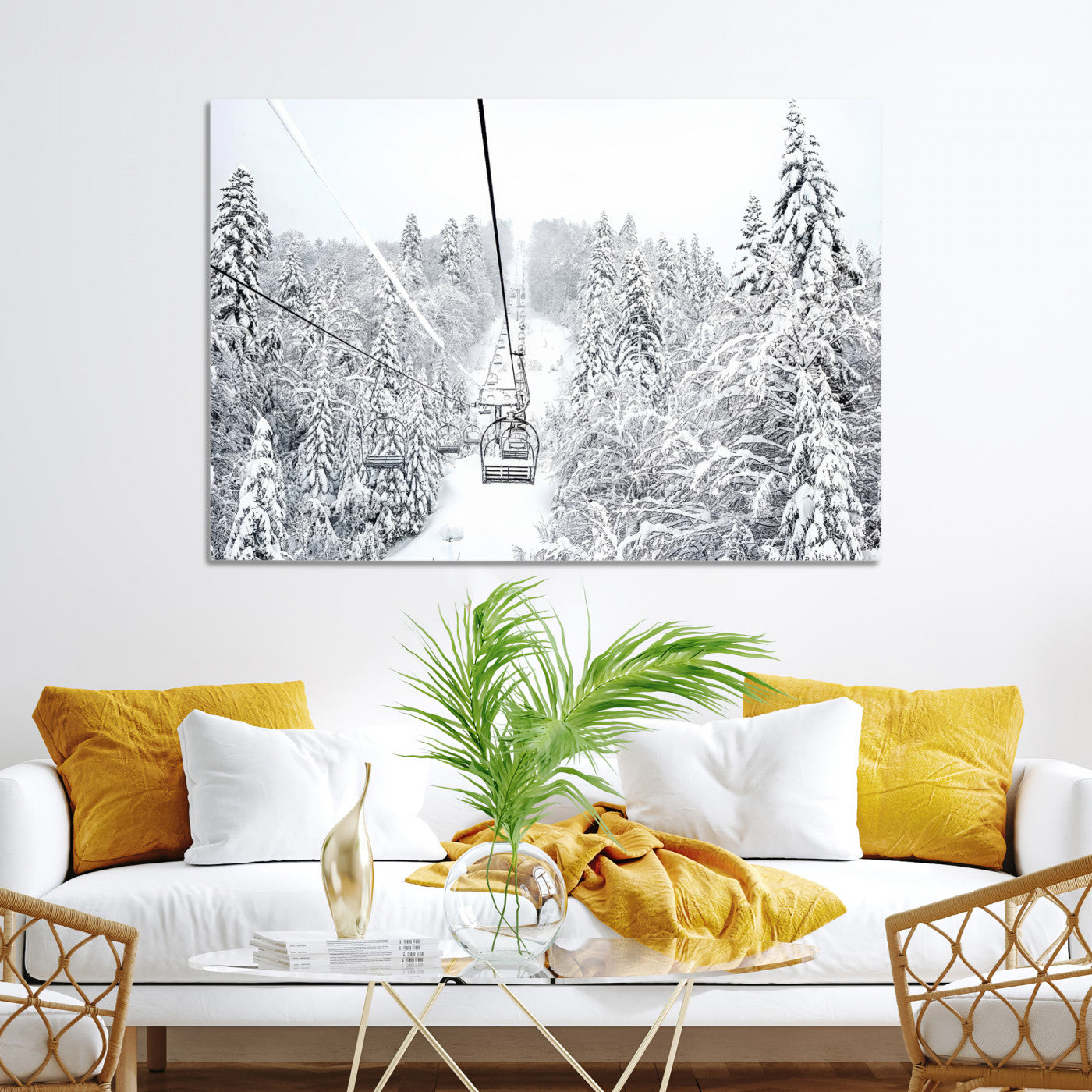 Winter Forest Wall Art Canvas Print, Framed Snowy Forest Art Picture Print, Winter Ski Lift Perfect Scandinavian Minimalist 3/3 Decor