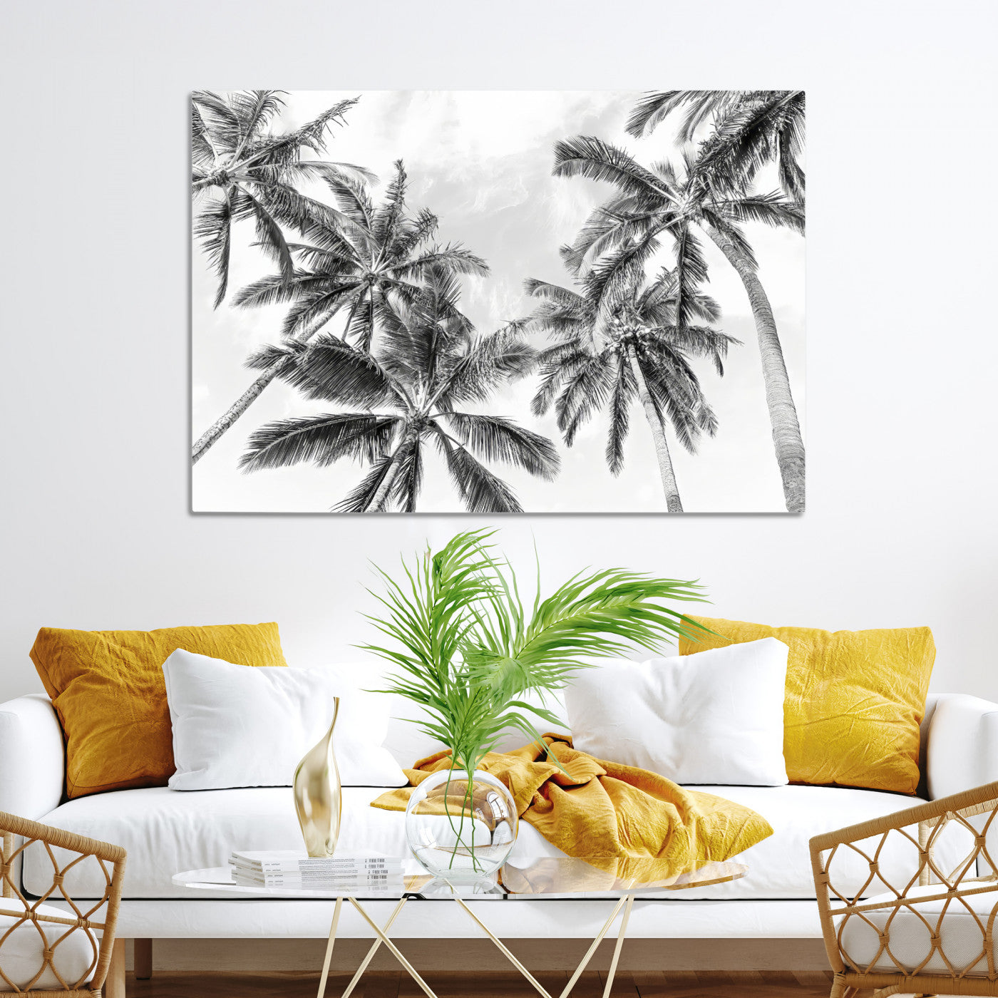 Framed Black White Palm Canvas Print, Framed Monochrome Tropics Art Picture Print, Minimalist Beach Perfect Coastal Minimalist Decor