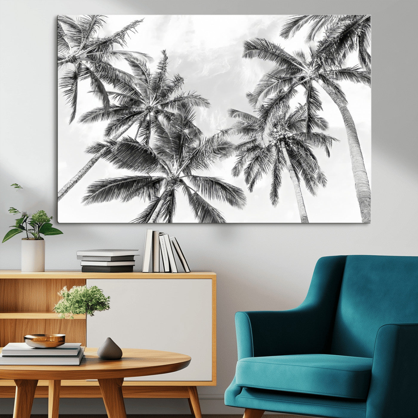 MGV-CV-36X24 - Black White Palm Wall Art Canvas Print, Framed Monochrome Tropics Art Picture Print, Minimalist Beach Perfect Coastal Minimalist Decor Artwork