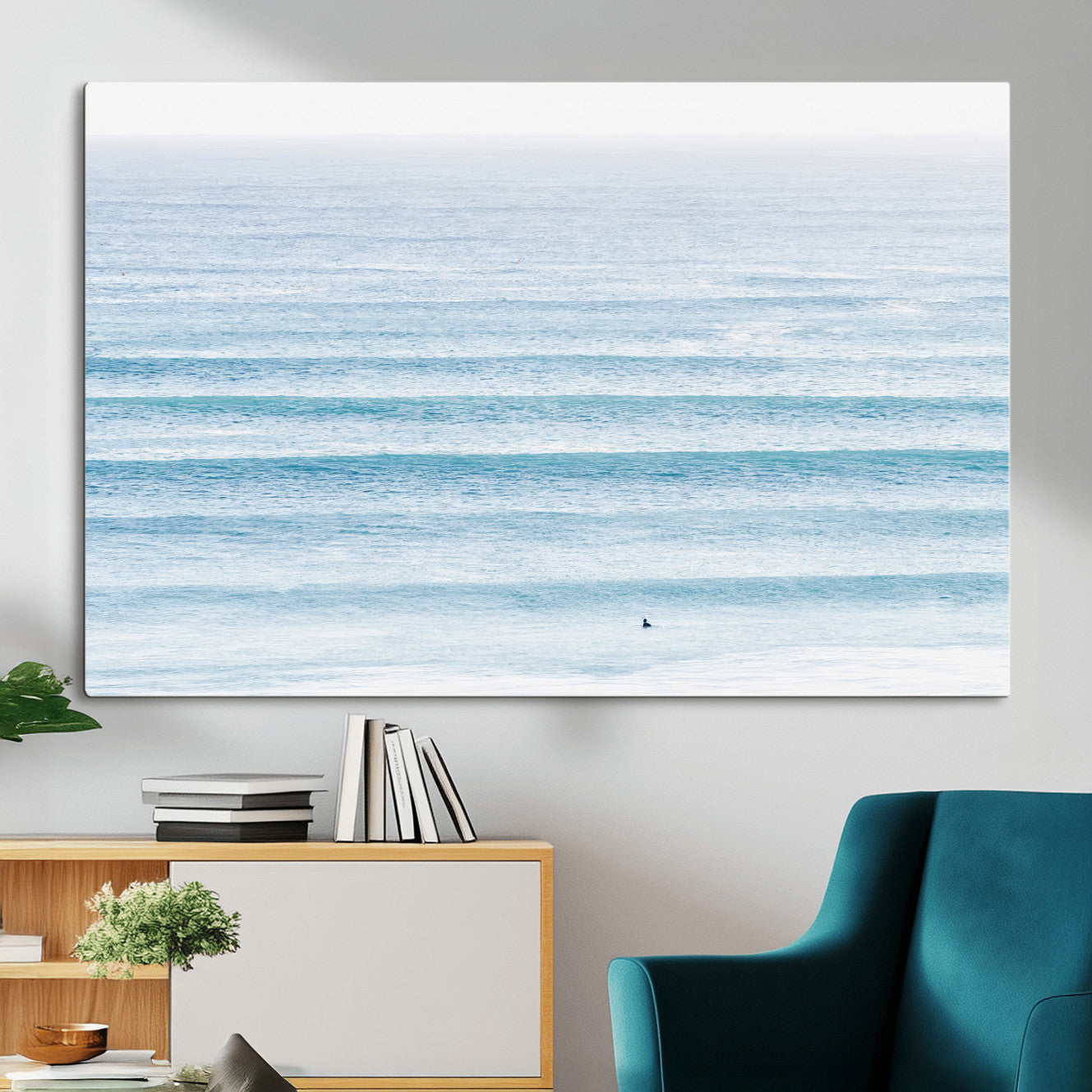 77145995-MGV-CV-36X24-Ocean Wave Surfer Wall Art – Framed Minimal Seascape Canvas Artwork, Calm Blue Water Design, Coastal Decor for Home, Office