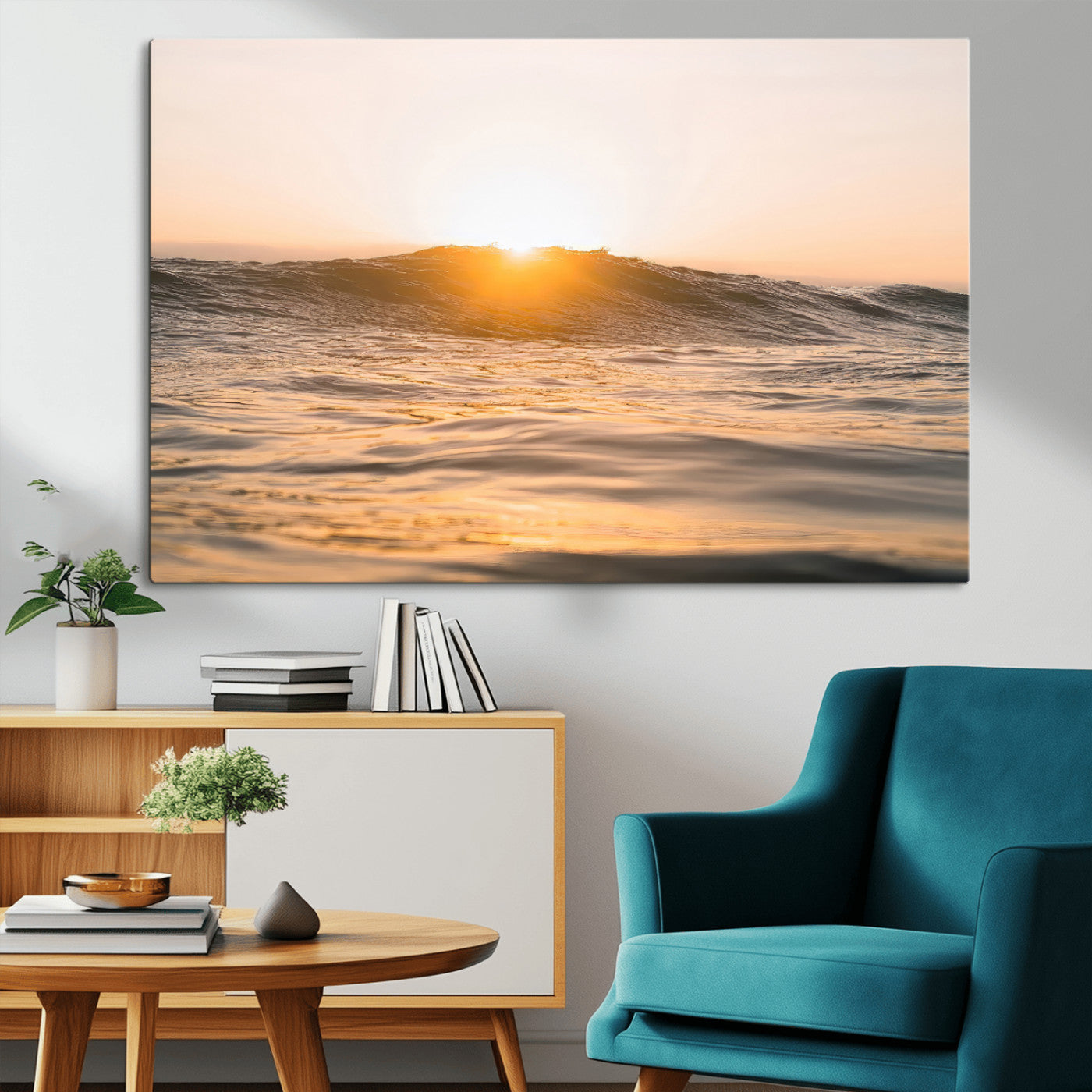 MGV-CV-36X24 - Calm Water Wall Art Canvas Print, Framed Sunset Waves Art Picture Print, Coastal Warmth Perfect Warm Minimalist Decor Artwork