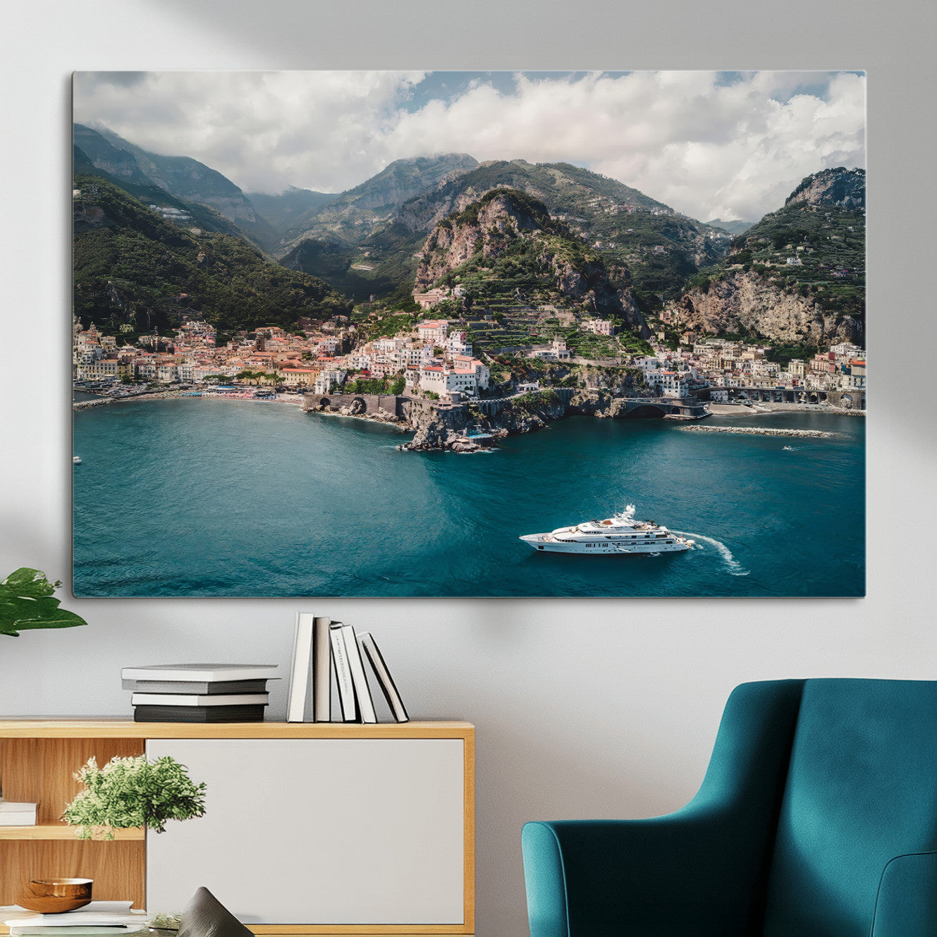 20321590-MGV-CV-36X24-Amalfi Coast Wall Art – Framed Italian Seaside Canvas Artwork, Mediterranean Landscape Design, Coastal Decor for Home, Office