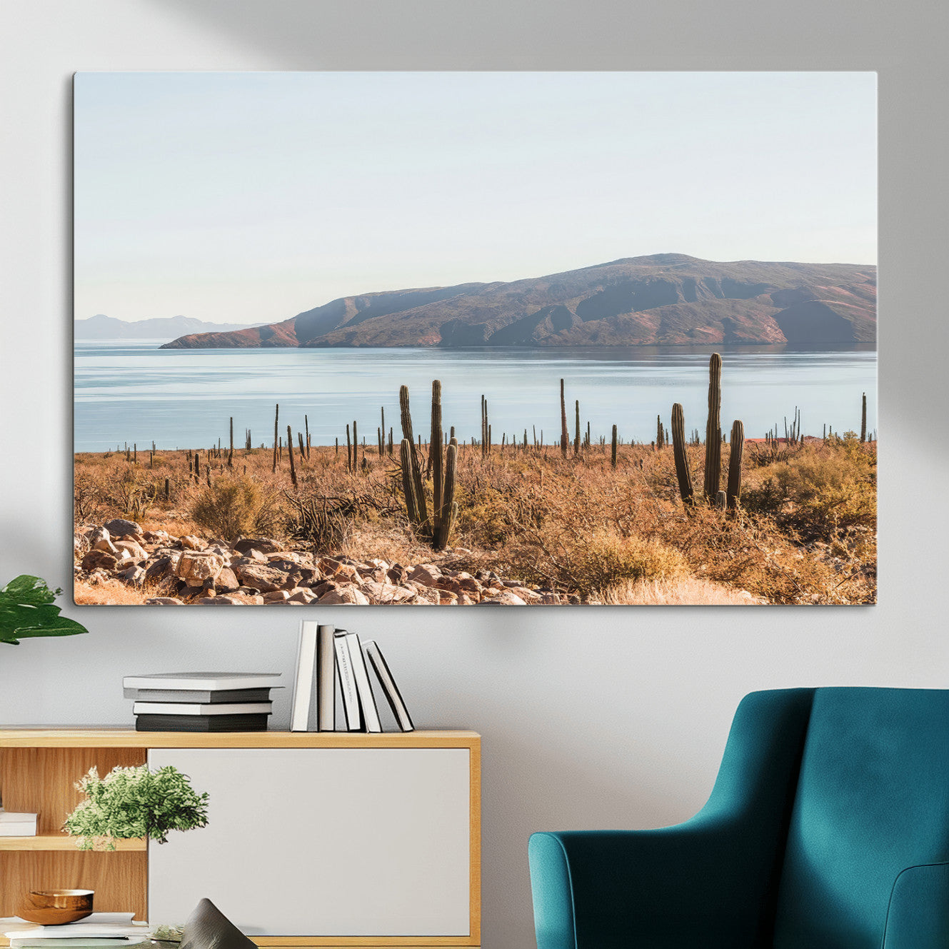 MGV-CV-36X24 - Desert Cactus Wall Art Canvas Print, Framed Baja Coastline Art Picture Print, Coastal Desert Perfect Southwestern Minimalist Decor Artwork