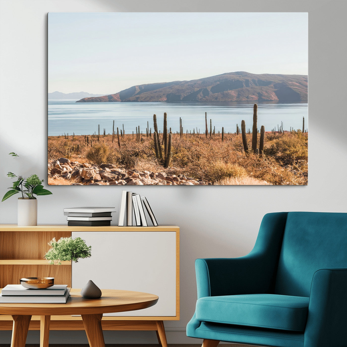 MGV-CV-36X24 - Desert Cactus Wall Art Canvas Print, Framed Baja Coastline Art Picture Print, Coastal Desert Perfect Southwestern Minimalist Decor Artwork