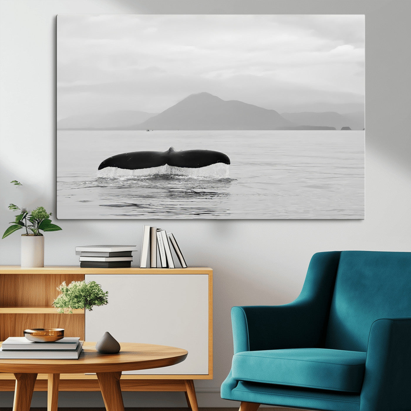 MGV-CV-36X24 - Whale Tail Wall Art Canvas Print, Framed Black White Ocean Art Picture Print, Calm Marine Perfect Minimalist Coastal Decor Artwork