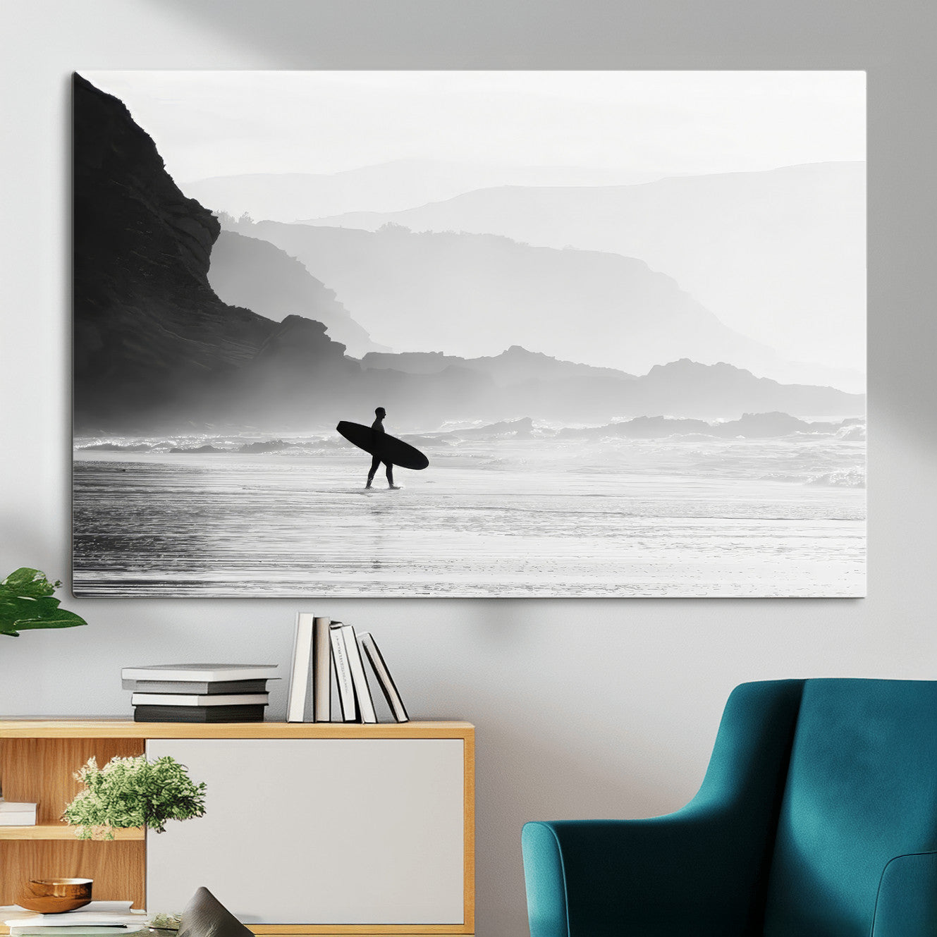 MGV-CV-36X24 - Surfer In Fog Wall Art Canvas Print, Framed Moody Shoreline Art Picture Print, Cliffside Waves Perfect Minimalist Coastal Decor Artwork