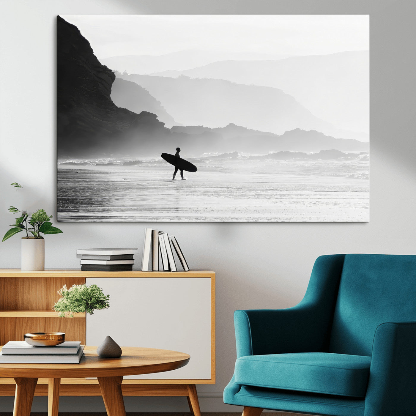 MGV-CV-36X24 - Surfer In Fog Wall Art Canvas Print, Framed Moody Shoreline Art Picture Print, Cliffside Waves Perfect Minimalist Coastal Decor Artwork