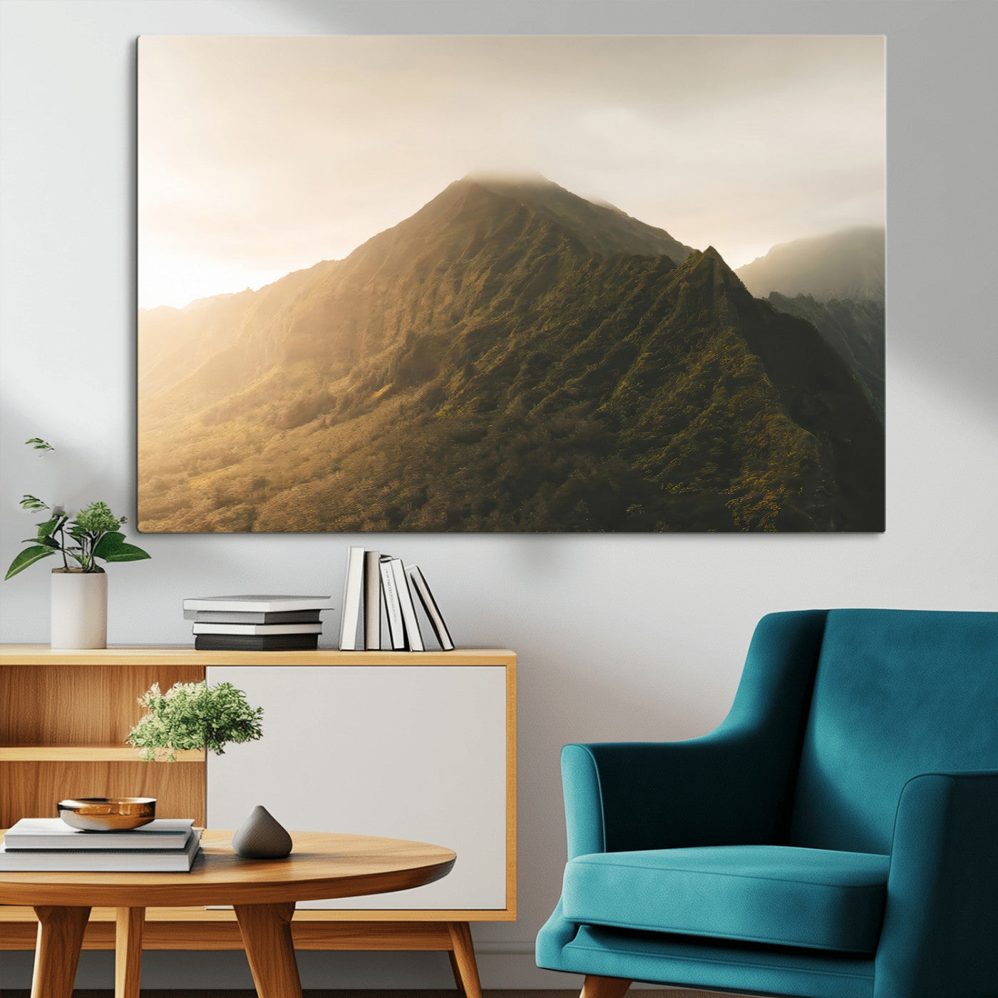 MGV-CV-36X24 - Golden Mountain Wall Art Canvas Print, Framed Misty Summit Art Picture Print, Rugged Landscape Perfect Moody Wilderness Decor Artwork