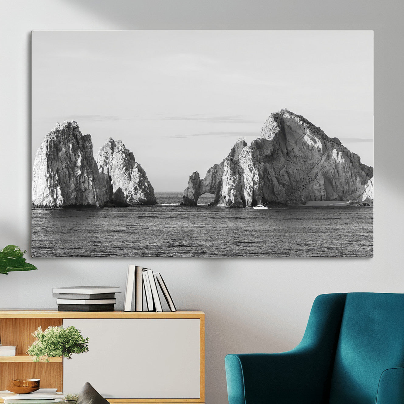 MGV-CV-36X24 - Rugged Coastline Wall Art Canvas Print, Framed Ocean Cliffs Art Picture Print, Monochrome Seascape Perfect Coastal Minimalist Decor Artwork
