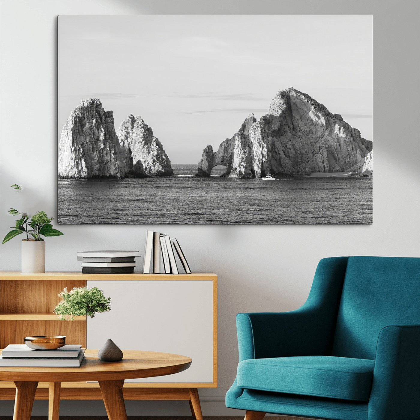 MGV-CV-36X24 - Rugged Coastline Wall Art Canvas Print, Framed Ocean Cliffs Art Picture Print, Monochrome Seascape Perfect Coastal Minimalist Decor Artwork
