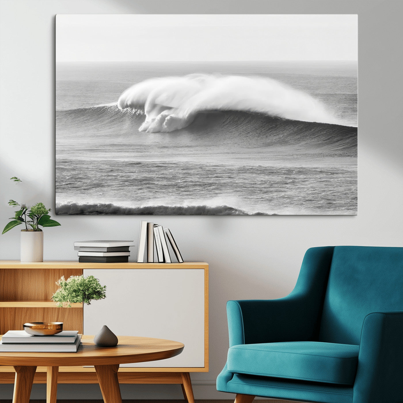 A dramatic black and white ocean wave crashing with immense force, capturing the raw power and movement of the sea in a bold seascape.
