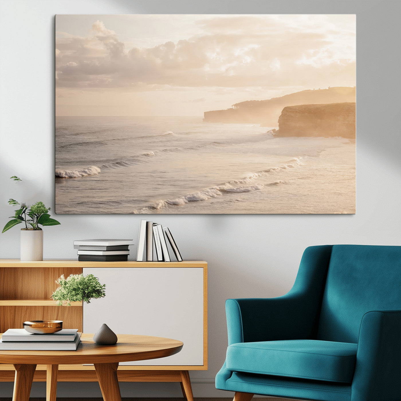 MGV-CV-36X24 - Misty Coastal Wall Art Canvas Print, Framed Golden Sunset Art Picture Print, Serene Shoreline Perfect Tranquil Coastal Decor Artwork