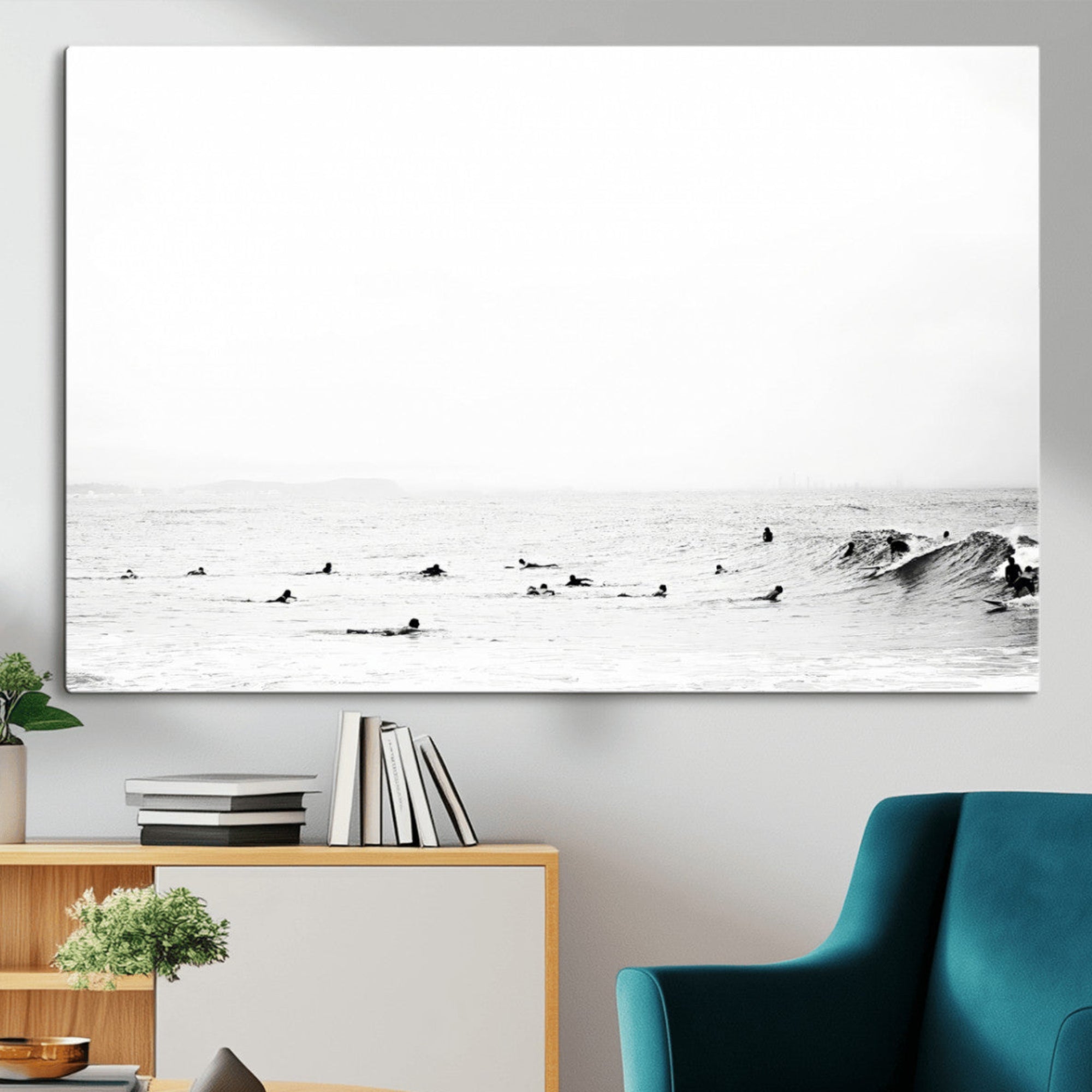 38441169-MGV-CV-36X24-Monochrome Swimming Wall Art Canvas Print – Framed Ocean Horizon Art Picture Moody Coastal Artwork for Home Office