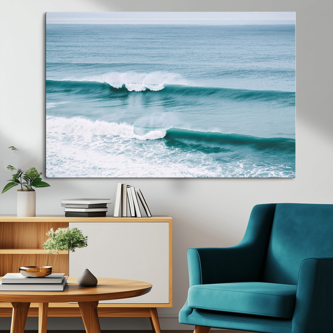 Powerful ocean waves rolling towards the shore, their turquoise hues blending with white sea foam under an open horizon, capturing the essence of the ocean's movement.