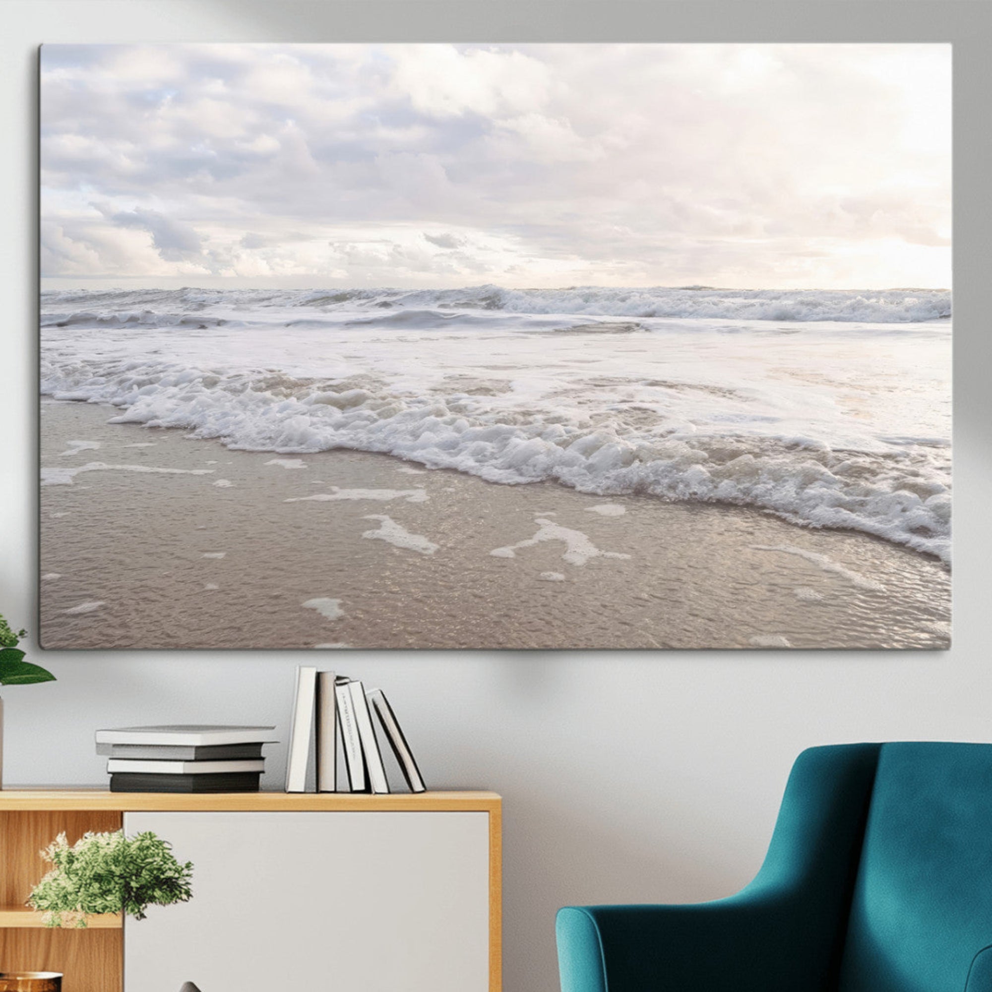 70596264-MGV-CV-36X24-Ocean Waves Wall Art Canvas Print – Framed Coastal Shoreline Scene with Sea Foam Artwork for Home, Office