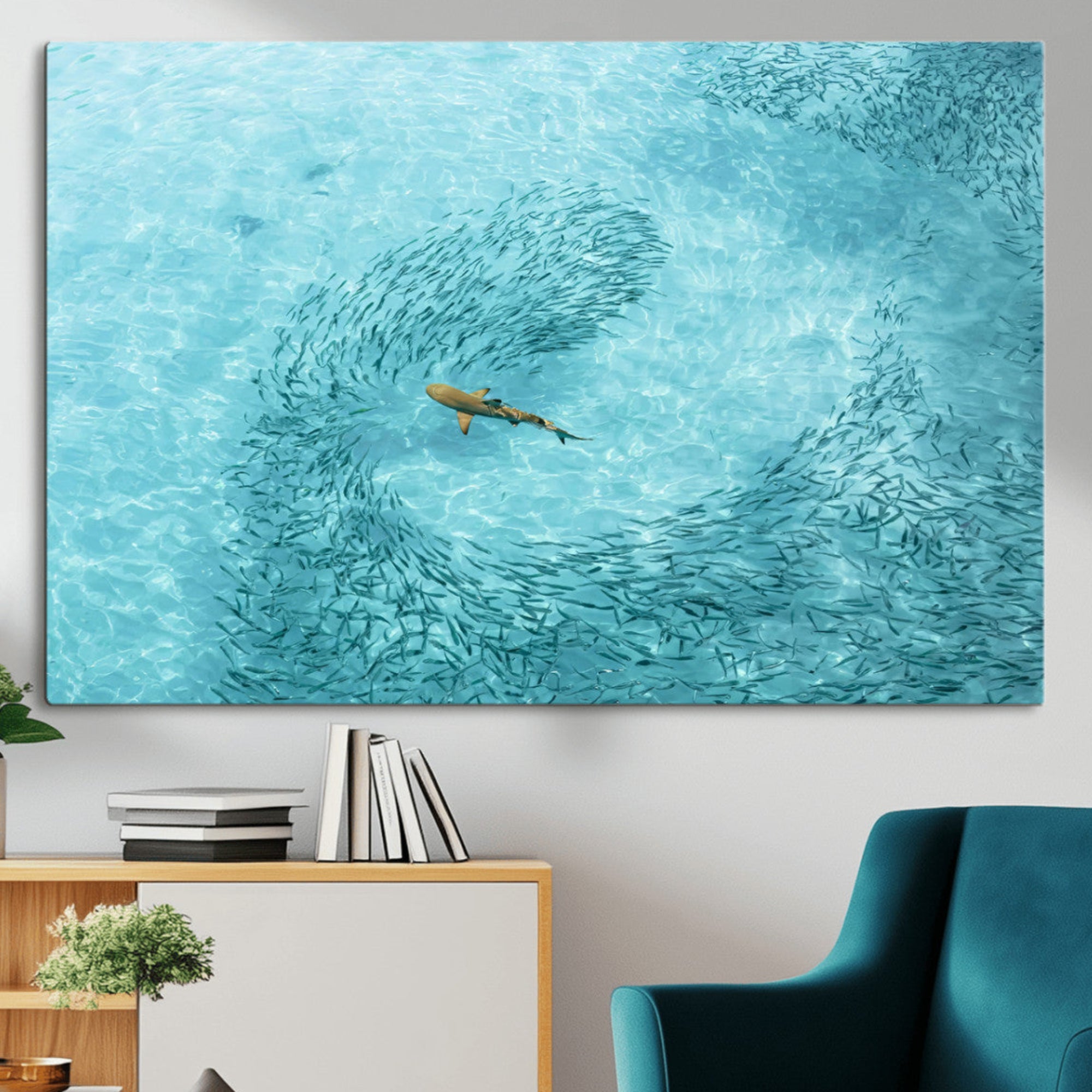 -Fish Swarm Wall Art Canvas Print – Framed Aerial Shark and Marine Life Coastal Wildlife Artwork for Home, Office