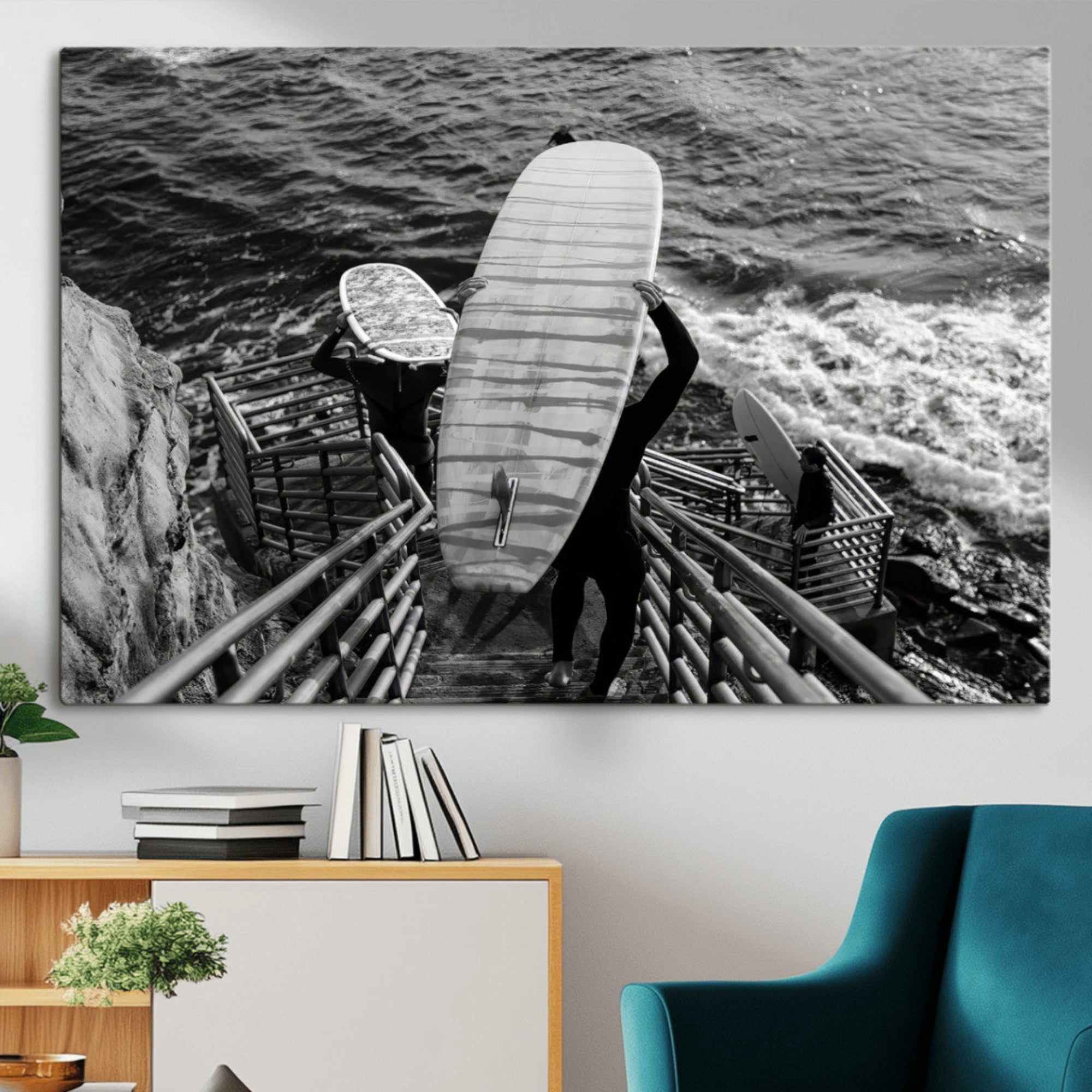 32353707-MGV-CV-36X24-Black White Surfing Wall Art Canvas Print – Framed Coastal Surfing Art Picture Wave Riders Artwork for Home, Office