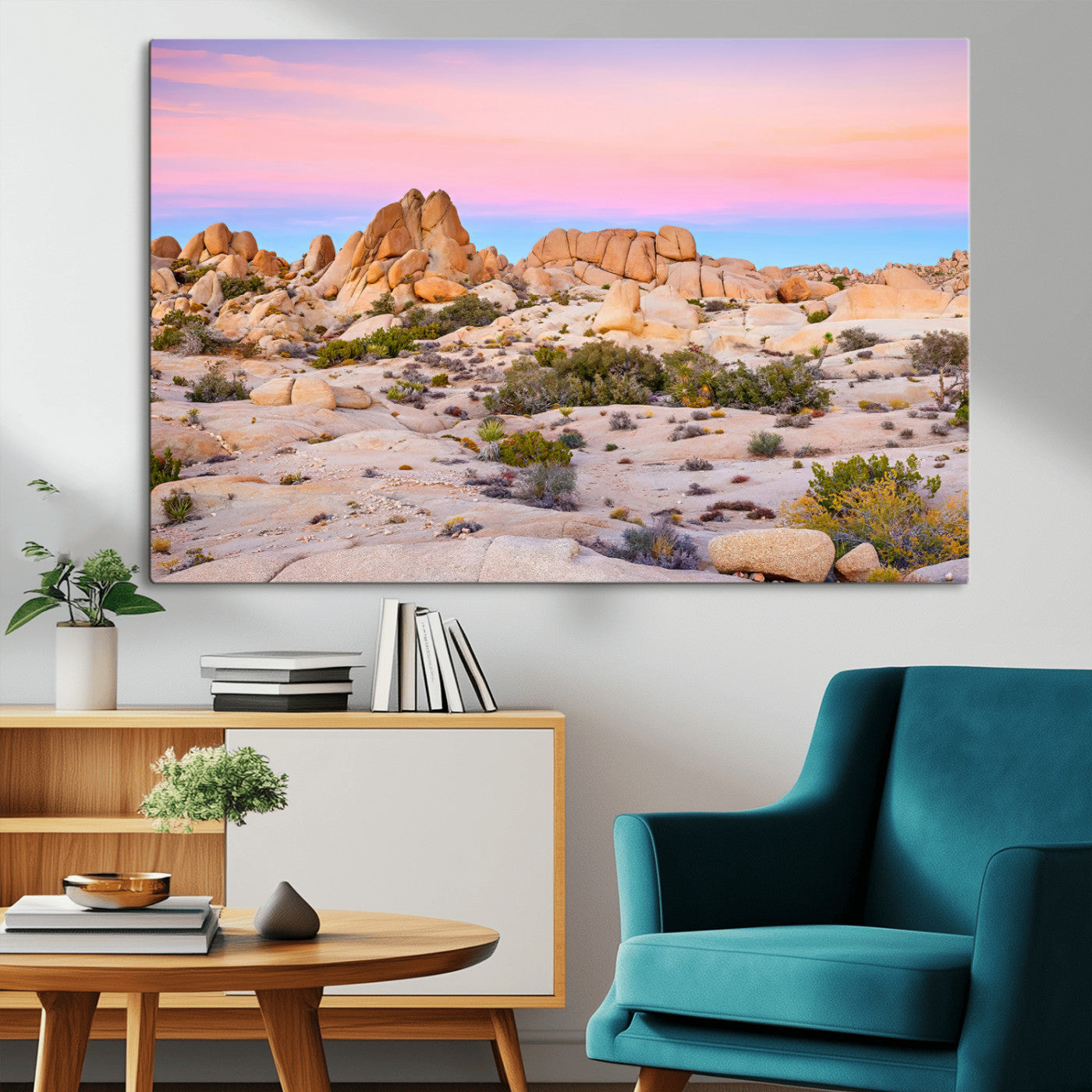 A breathtaking desert landscape featuring rugged rock formations under a vibrant pastel sunset sky, capturing the warmth and serenity of a Southwestern wilderness.