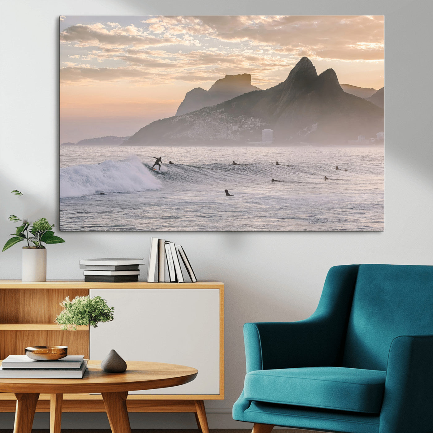 A surfer rides a golden hour wave near misty coastal mountains, surrounded by fellow surfers, capturing the spirit of a coastal adventure.