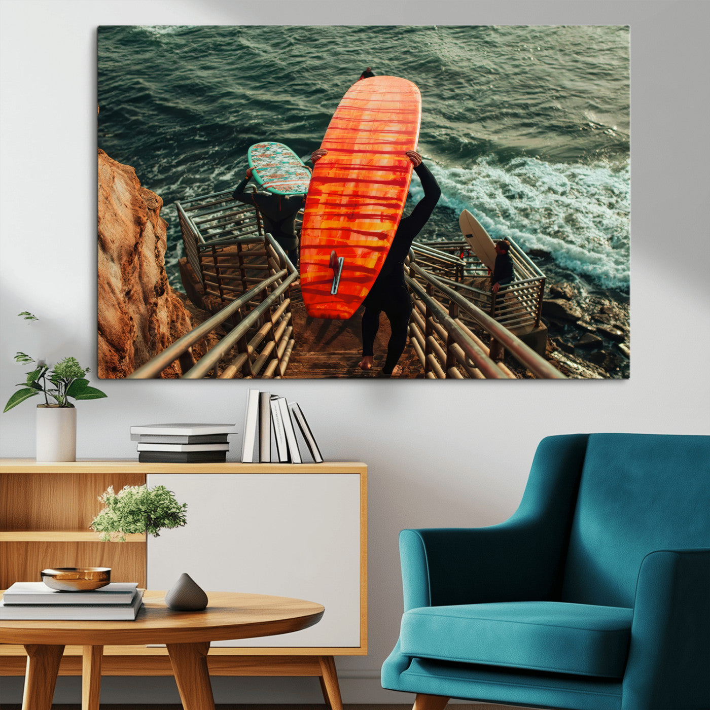 MGV-CV-36X24 - Surfer Stairway Wall Art Canvas Print, Framed Ocean Surf Art Picture Print, Sunset Coastal Perfect Coastal Adventure Decor Artwork