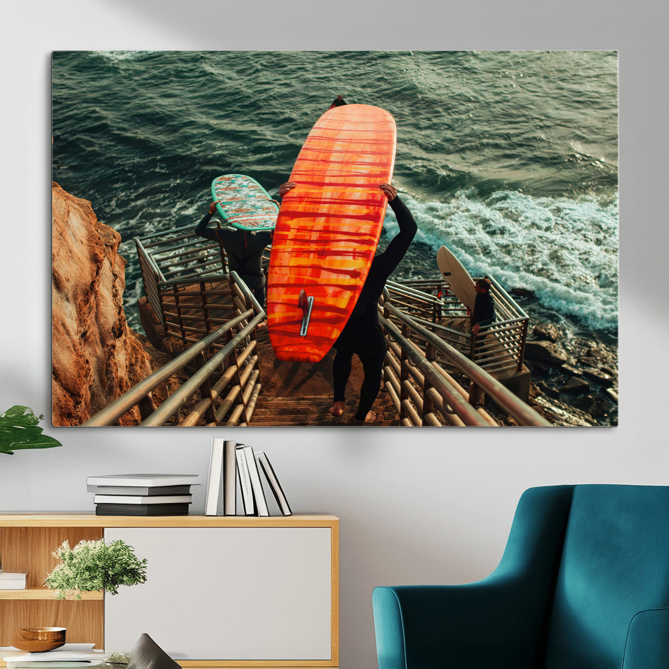 MGV-CV-36X24 - Surfer Stairway Wall Art Canvas Print, Framed Ocean Surf Art Picture Print, Sunset Coastal Perfect Coastal Adventure Decor Artwork