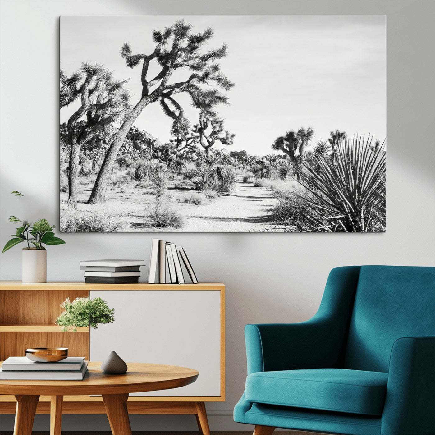 Canvas of a Joshua Tree forest in black and white tones, featuring a desert path and spiky vegetation, ideal for minimalist or rustic decor.