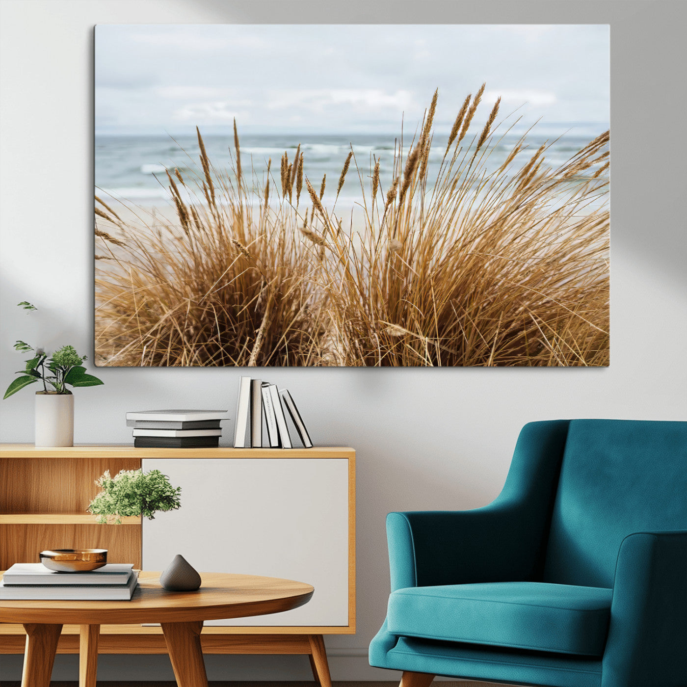 Canvas of golden beach grass swaying by the ocean under a soft cloudy sky, perfect for neutral-toned or coastal minimalist decor.