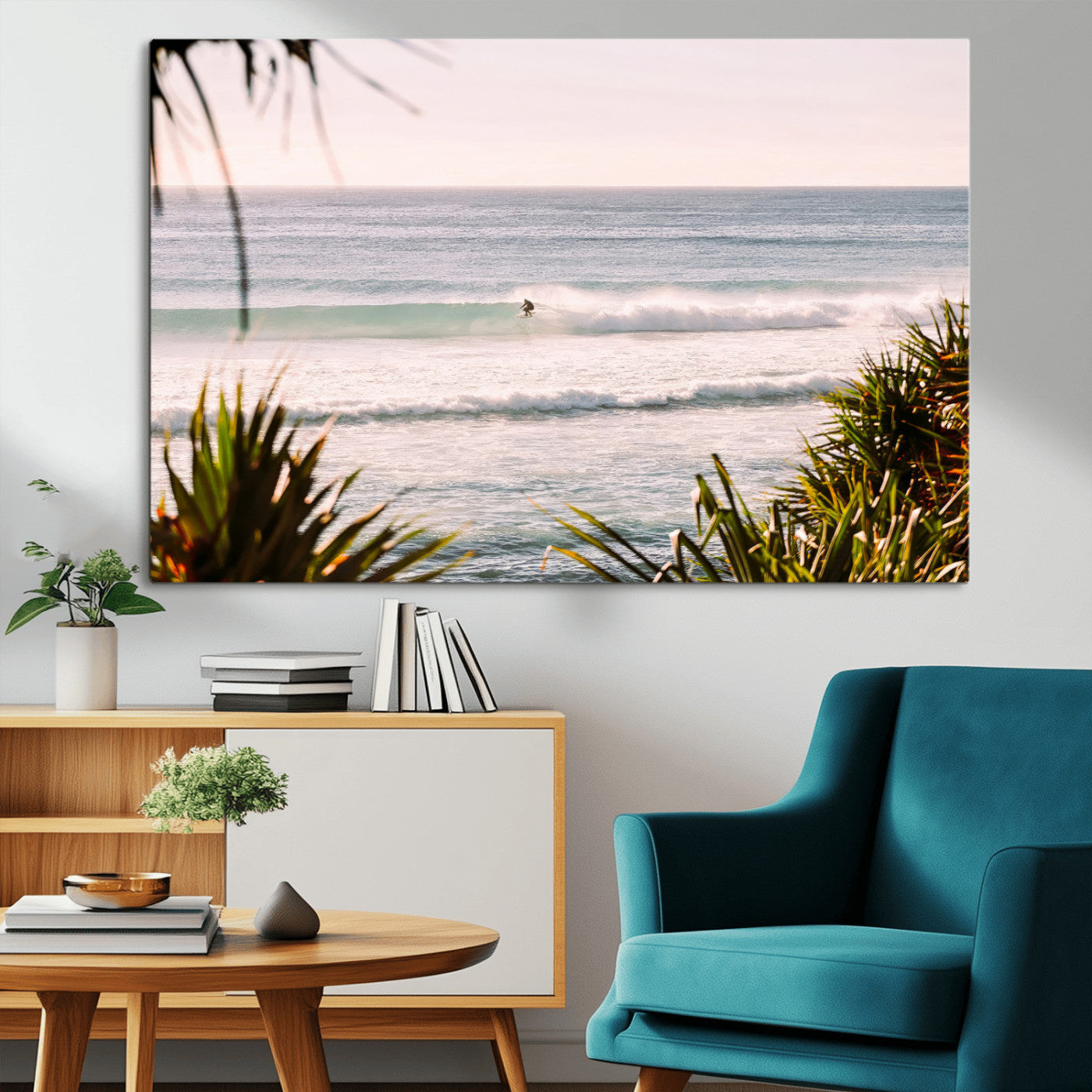 Canvas of a lone surfer riding a pastel wave at sunrise, perfect for tropical or coastal-themed spaces with a relaxed, airy vibe.