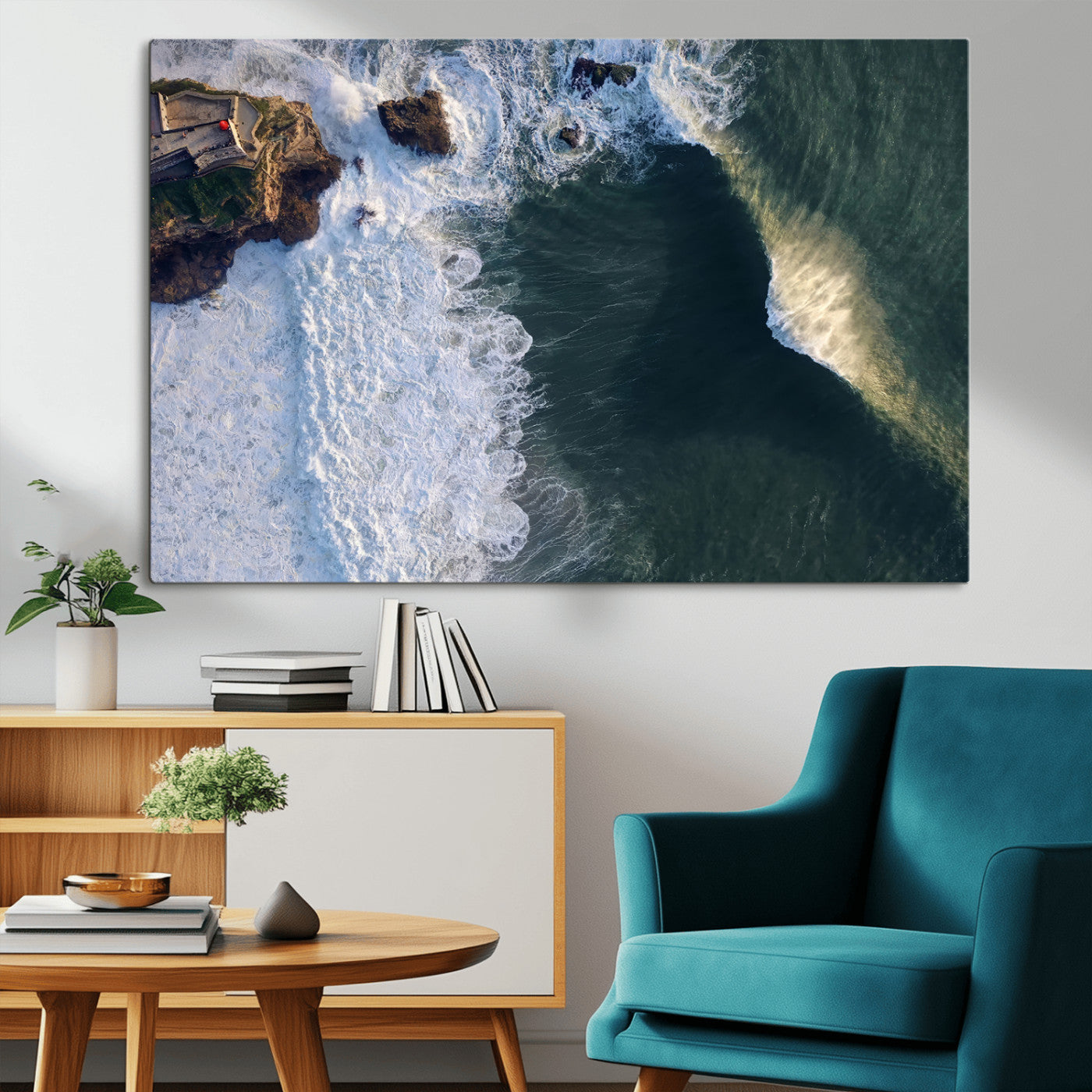 Canvas showing an aerial view of crashing waves along the Nazaré coastline, perfect for dramatic coastal or ocean-themed home decor.