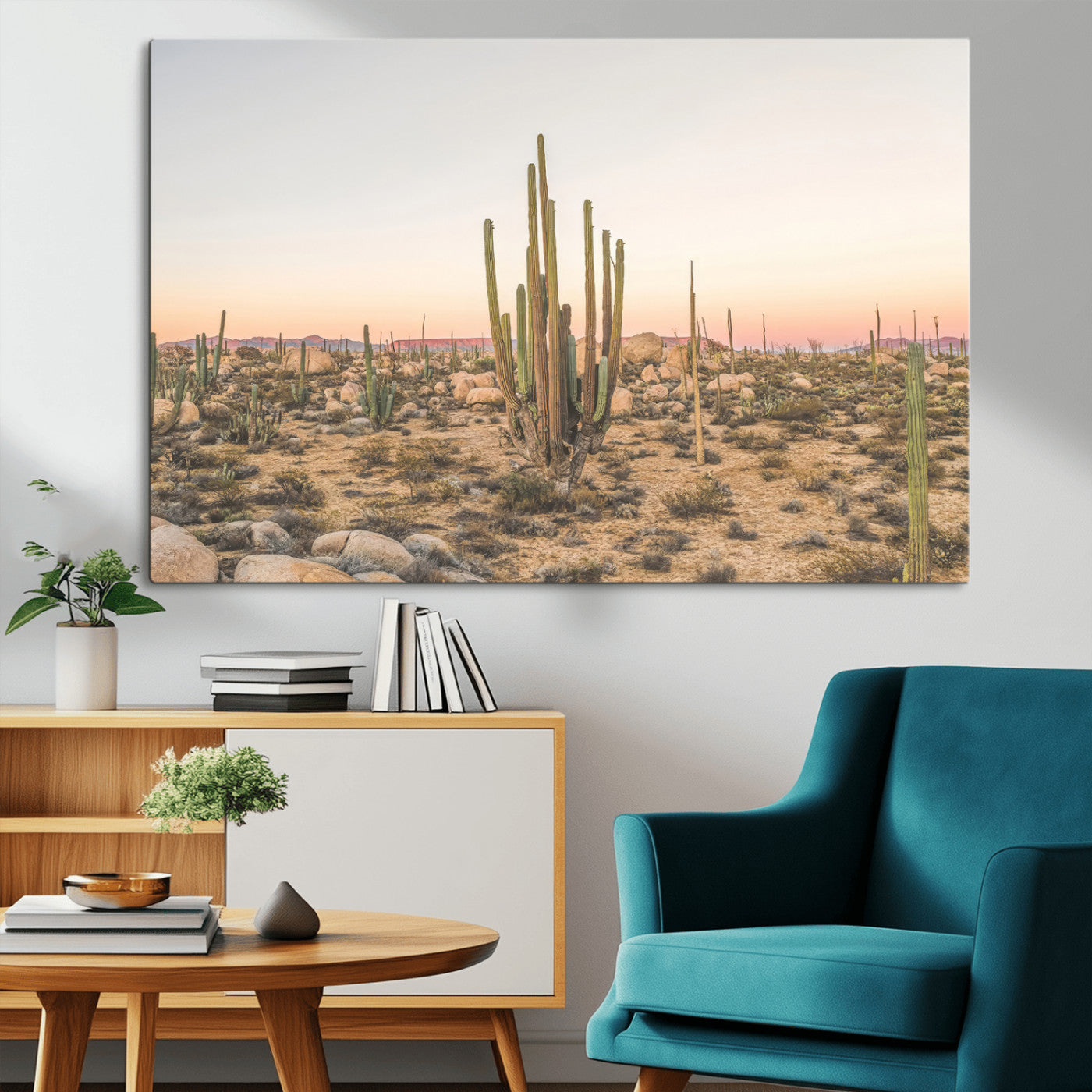 Canvas of tall desert cacti in warm sunset tones over a rocky Baja landscape, ideal for earthy or Southwestern-style home decor.