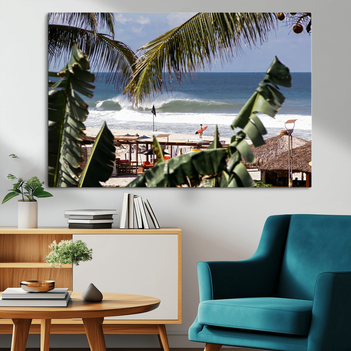 Canvas wall art of a tropical surf scene framed by palm trees, with a surfer on the shore and waves rolling in, ideal for beach-themed decor.
