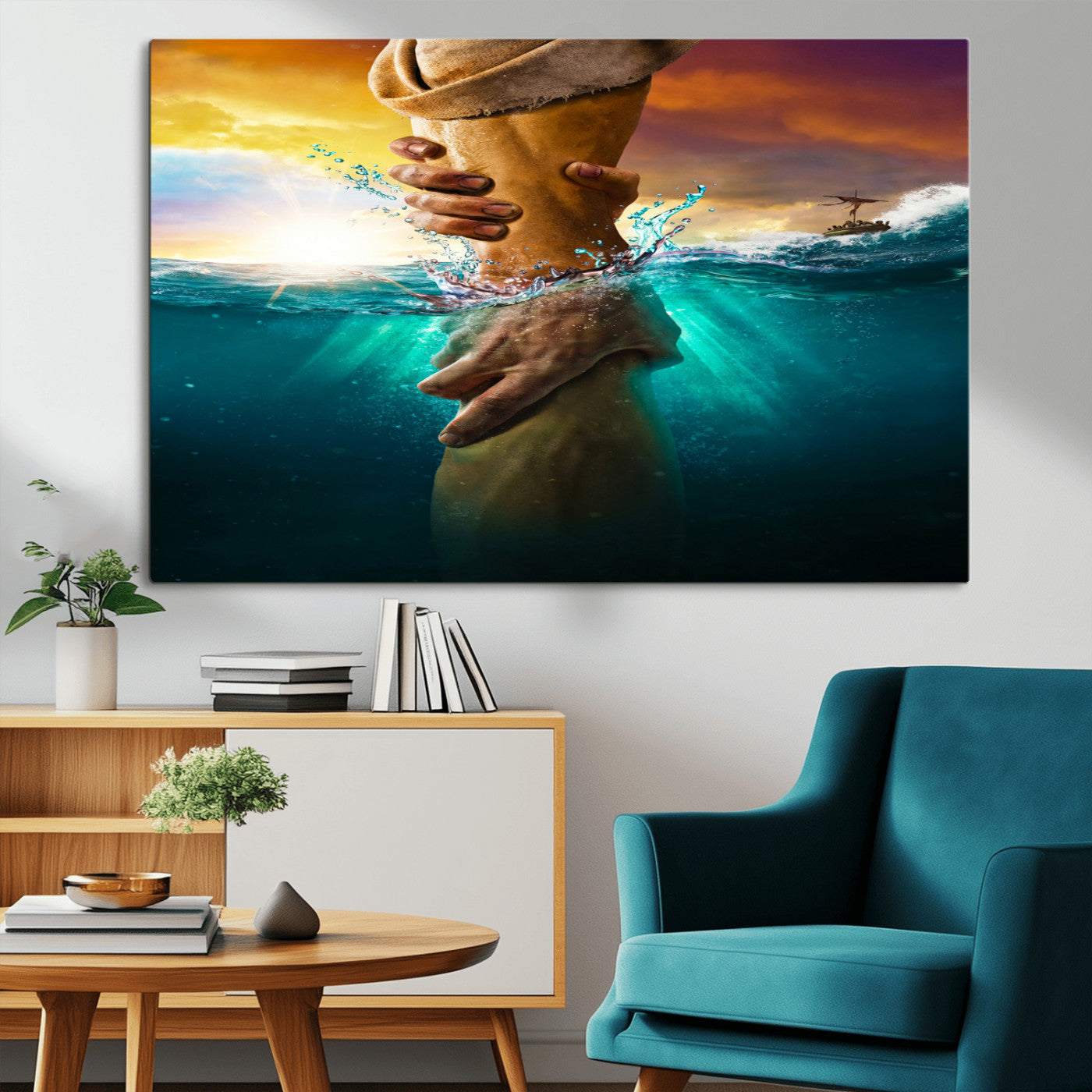 A dramatic scene of a hand reaching underwater and being lifted, symbolizing rescue and faith, ideal for spiritual or Christian wall decor.