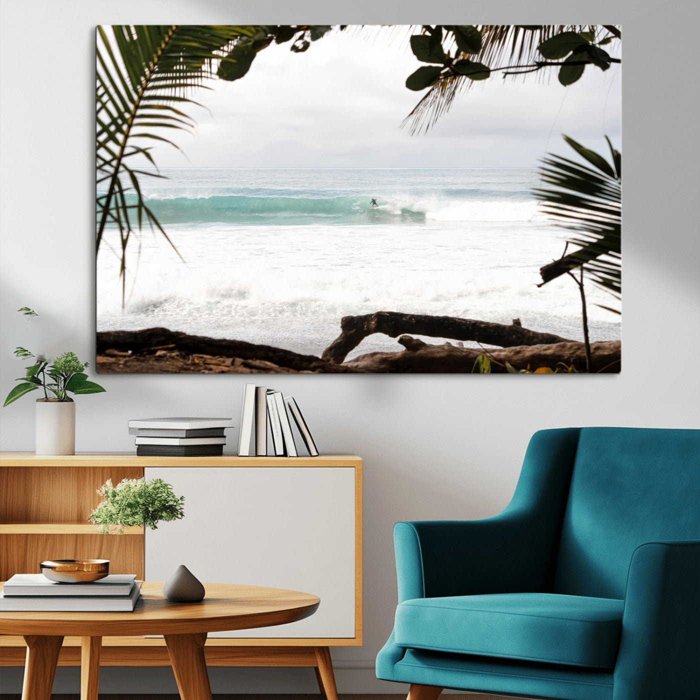 Tropical beach view with palm trees and surfer riding a wave, perfect for boho or coastal-inspired interior wall decor.