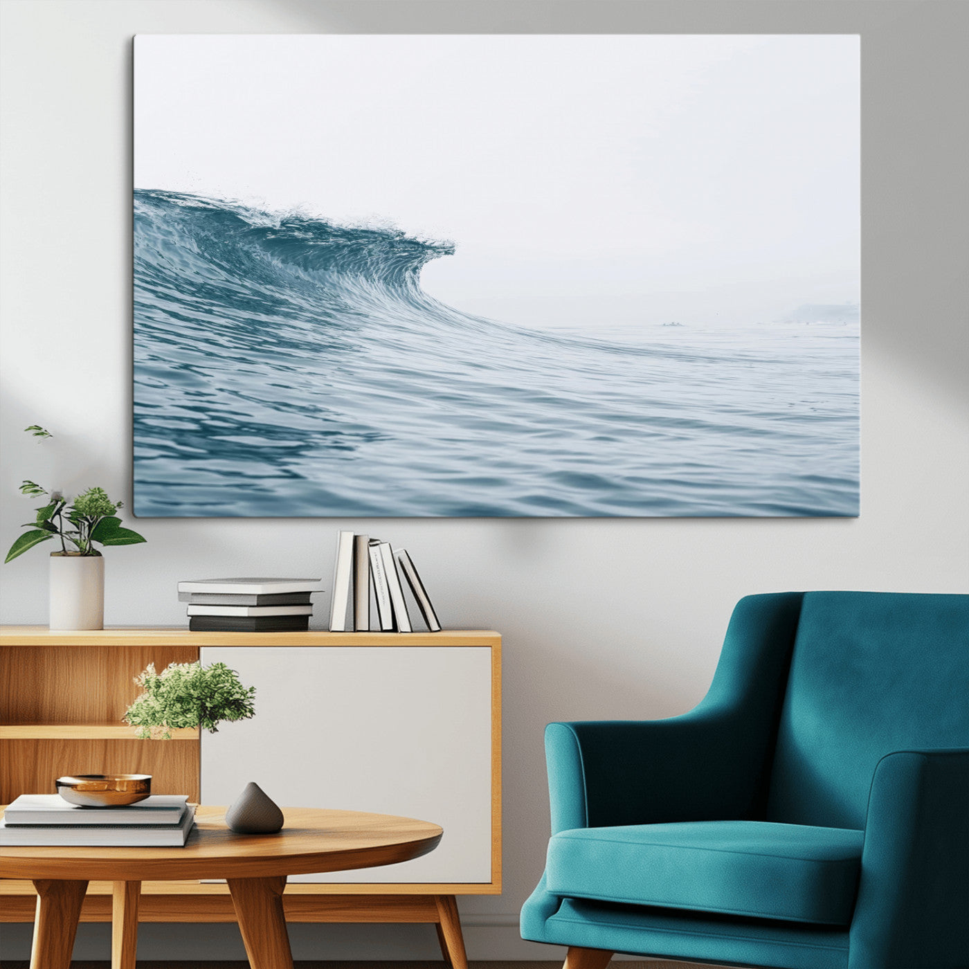 A single ocean wave curling in soft blue tones under a misty sky, ideal for coastal or minimalist home wall decor.