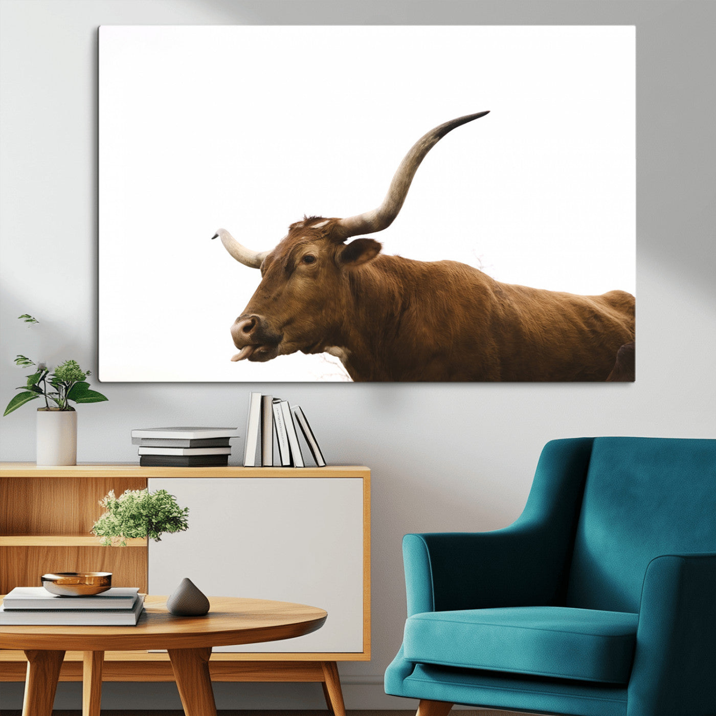 Side view of a brown Longhorn cow with curved horns on white background, perfect for rustic farmhouse or western-style home decor.