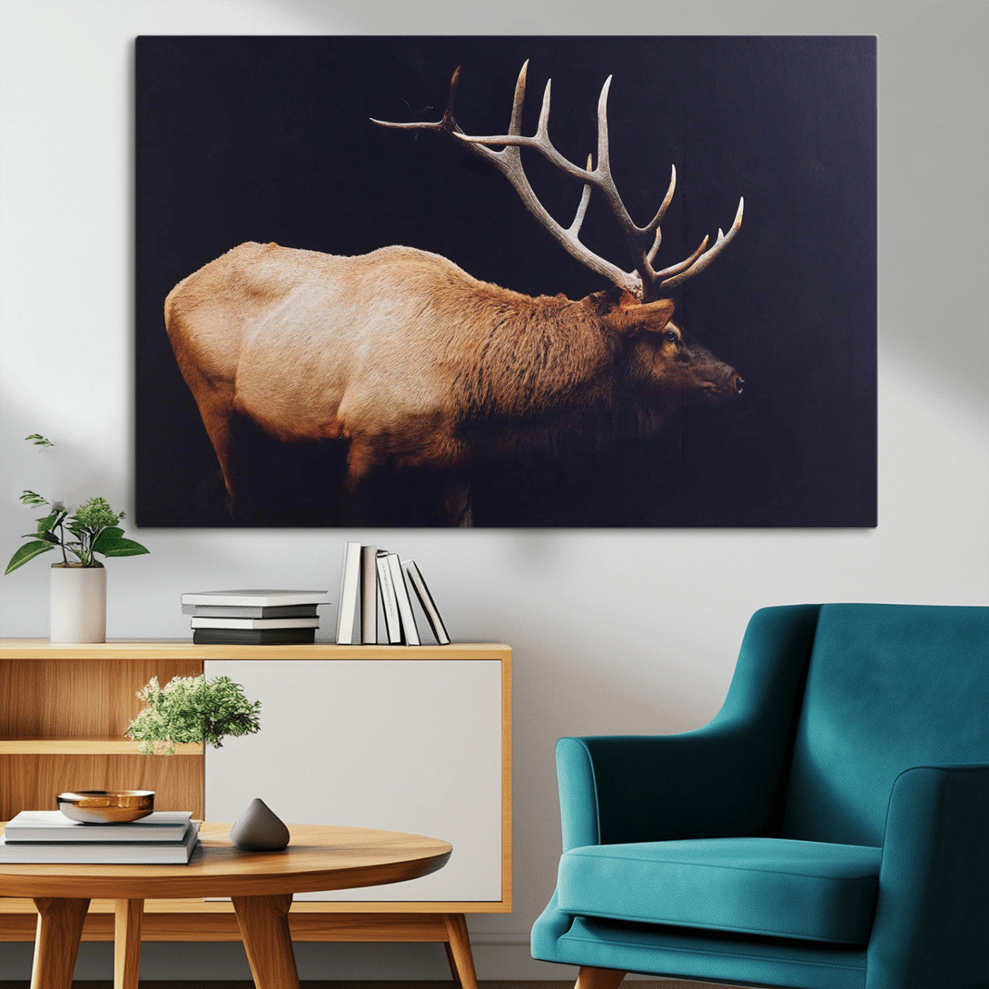 Side profile of an elk with large antlers on dark background, creating a bold rustic statement for cabin or Western-themed decor.