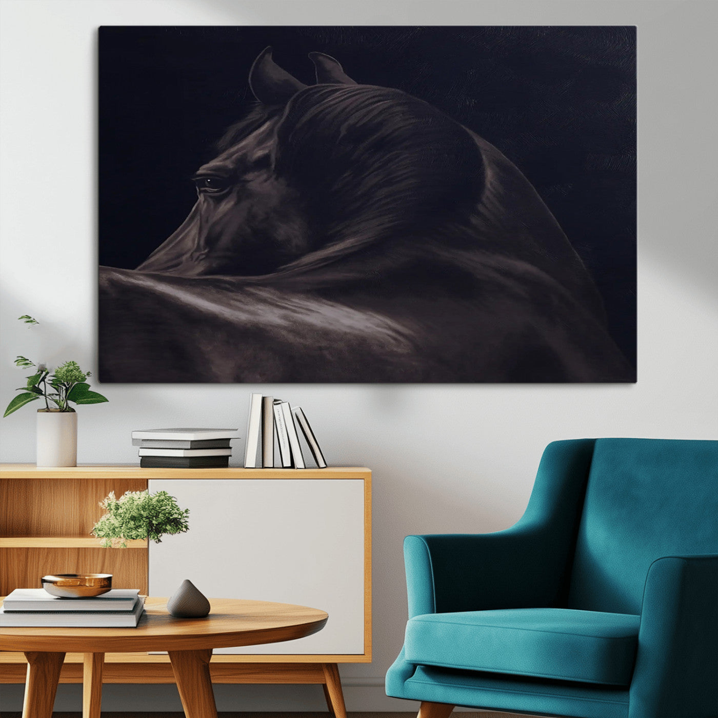 Moody black horse portrait with dramatic lighting on dark background, ideal for rustic, modern or Western style home decor.