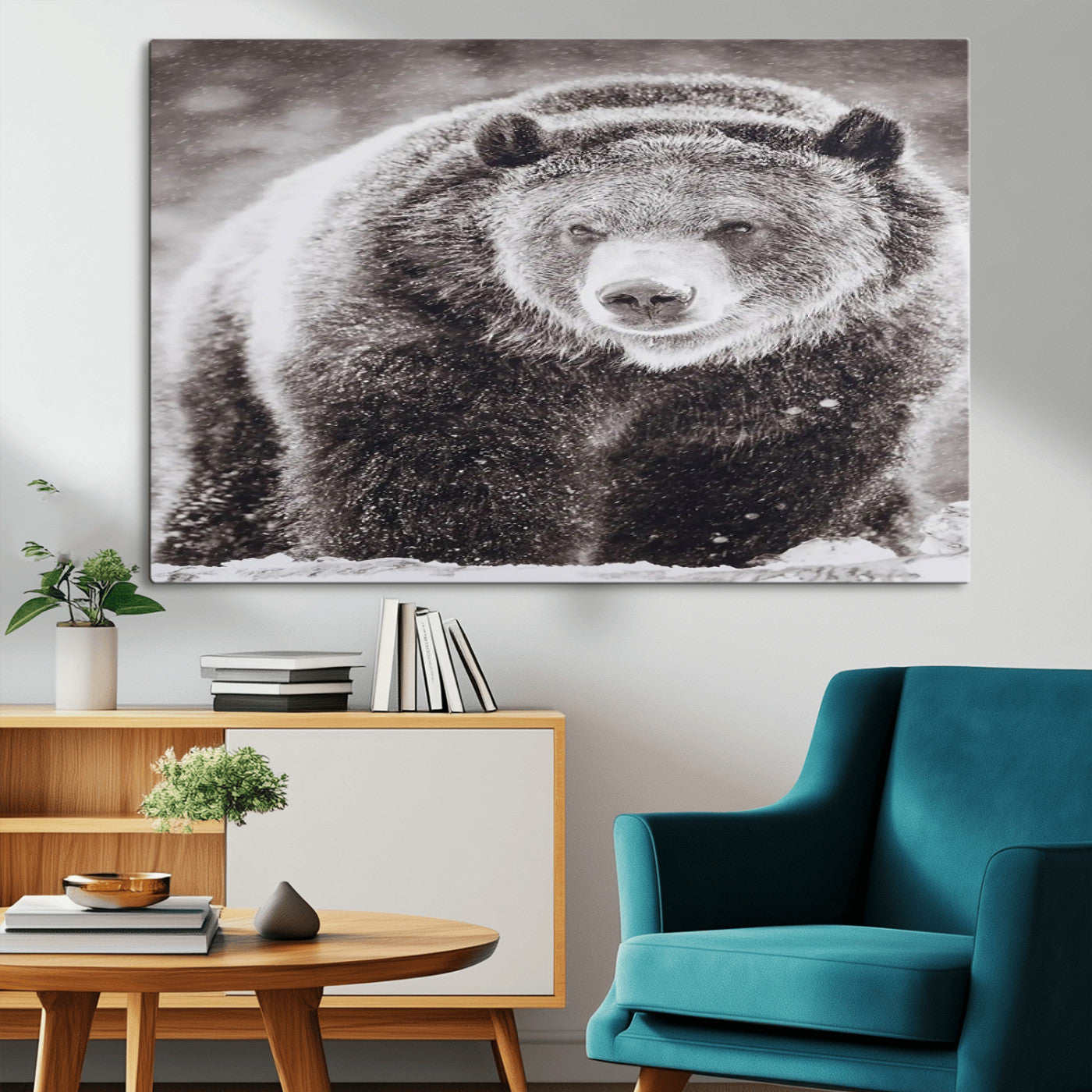 Snow-covered grizzly bear in black and white, ideal for rustic lodge, cabin or wildlife-themed home wall decor.