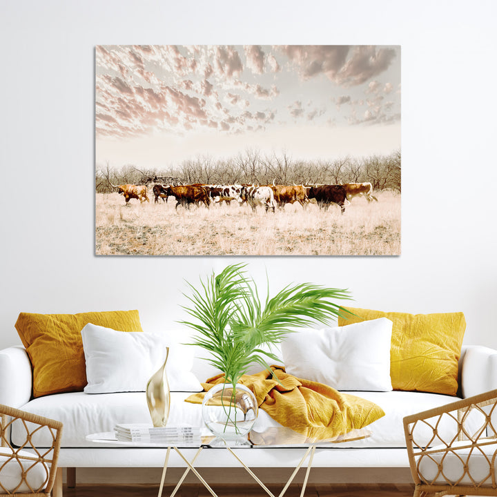 Longhorn Cattle Wall Art Canvas Print, Texas Ranch Print, Framed Western Cow Art Print, Large Prairie Landscape Printing Perfect for Western Decor