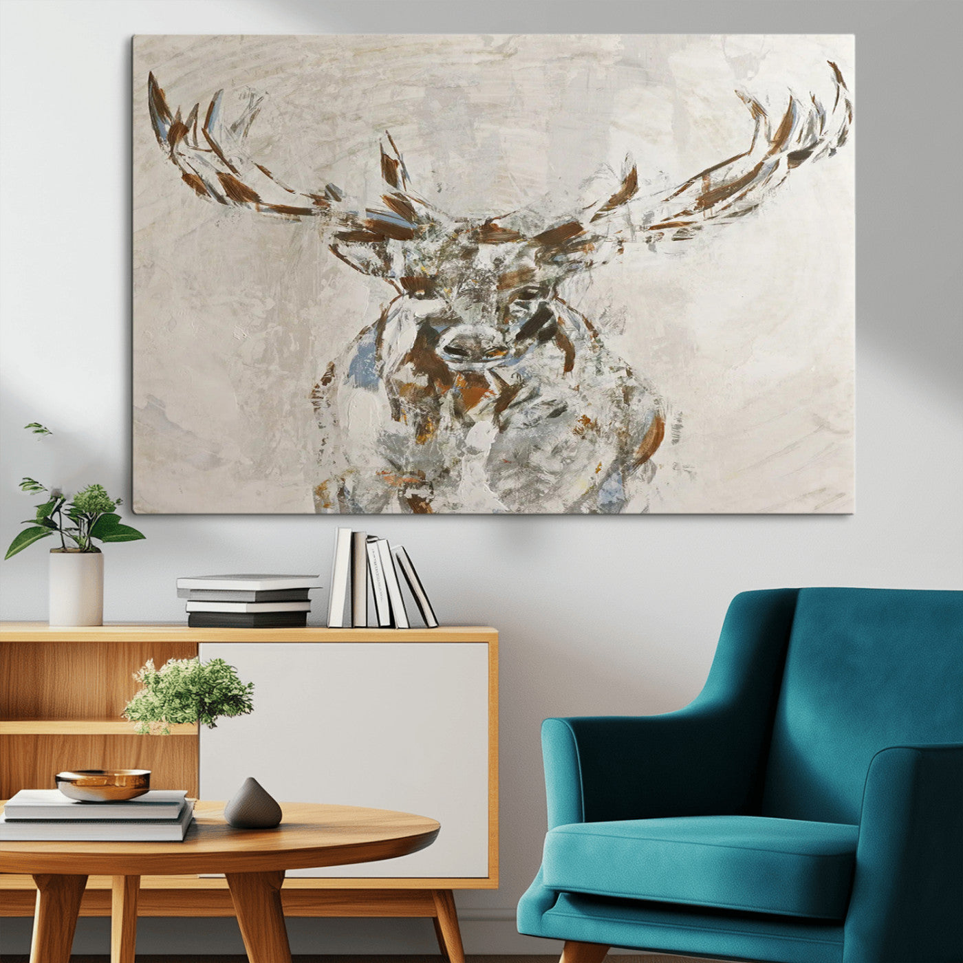 Abstract painting of a deer with antlers in neutral earth tones, ideal for modern rustic or lodge-style living room wall decor.