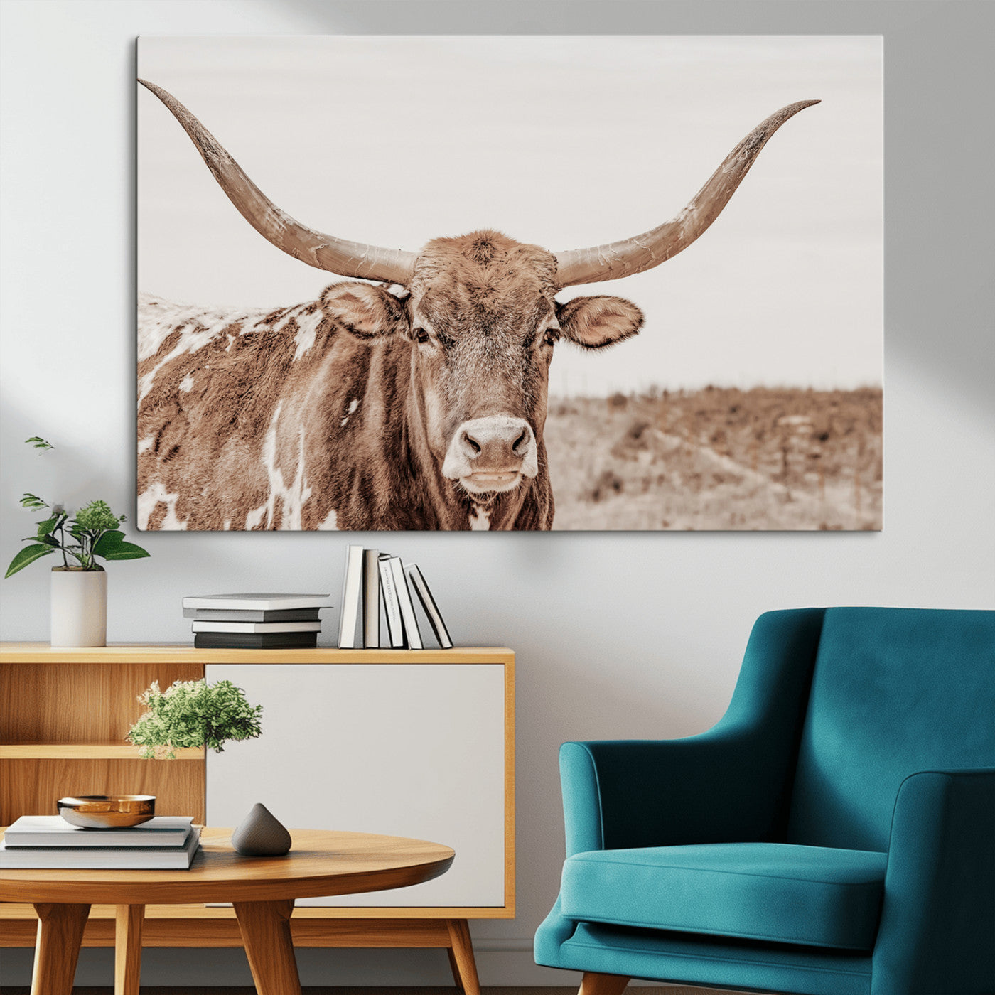 MGV-CV-36X24 - Longhorn Cow Wall Art Canvas Print, Framed Texas Ranch Art Picture Print, Western Bull Perfect County Decor Artwork
