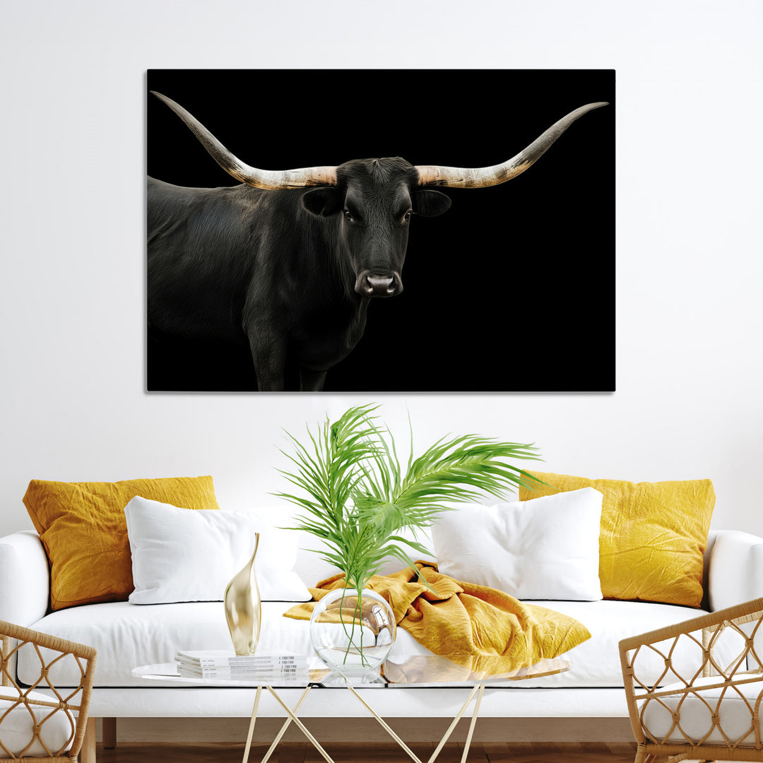 Black White Longhorn Bull Wall Art Canvas Print, Texas Ranch Print, Framed Western Cow Art Print for Farmhouse Decor - Longhorn Print