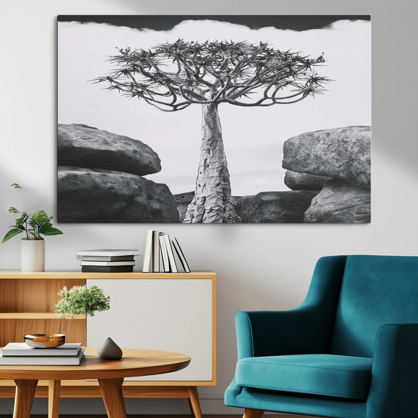 Black and white Joshua tree with bold rocky background, ideal for minimalist or desert-inspired home wall decoration.